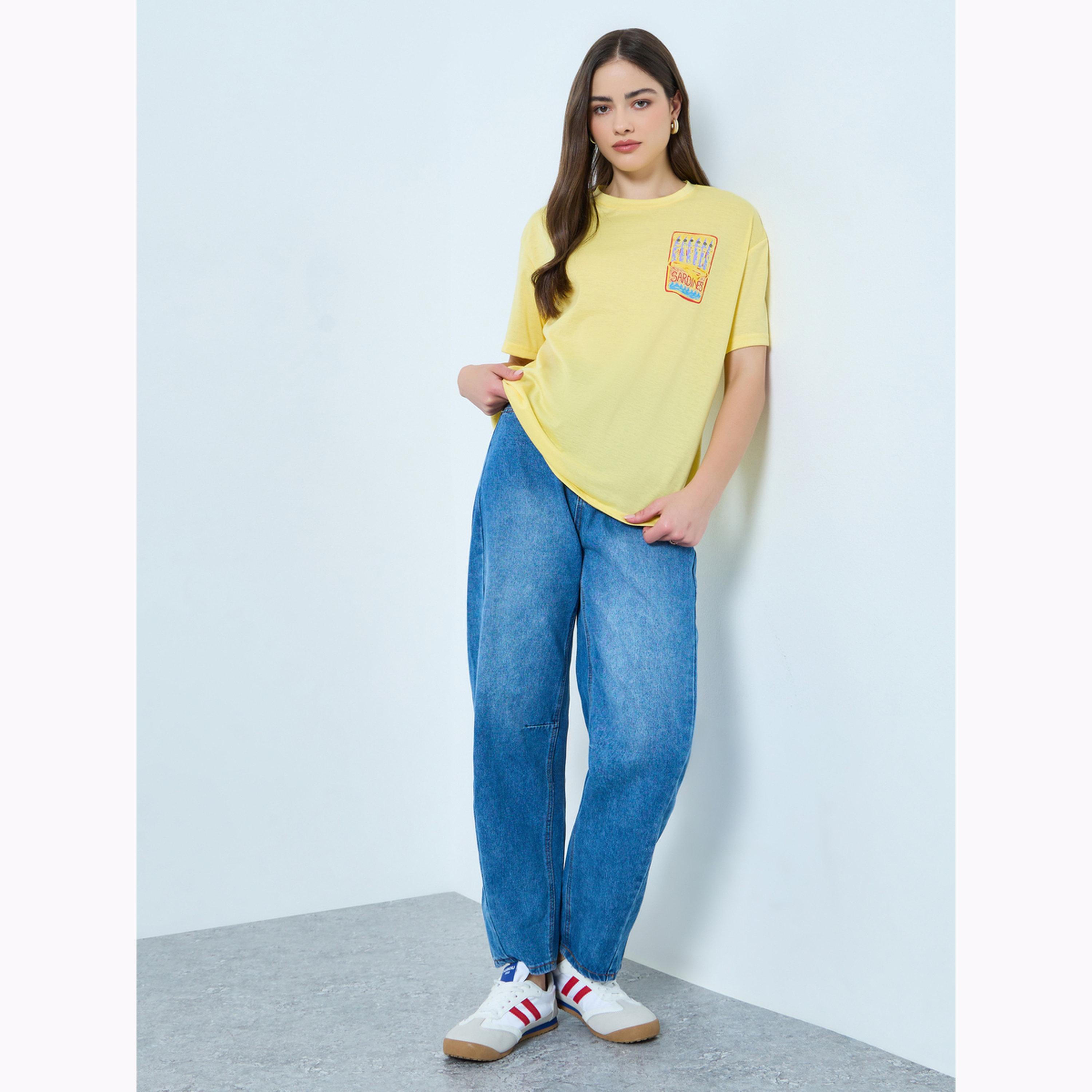 Styli Yellow Graphic Oversized Short Sleeve T-Shirt-women-clothing-tshirts-image-2