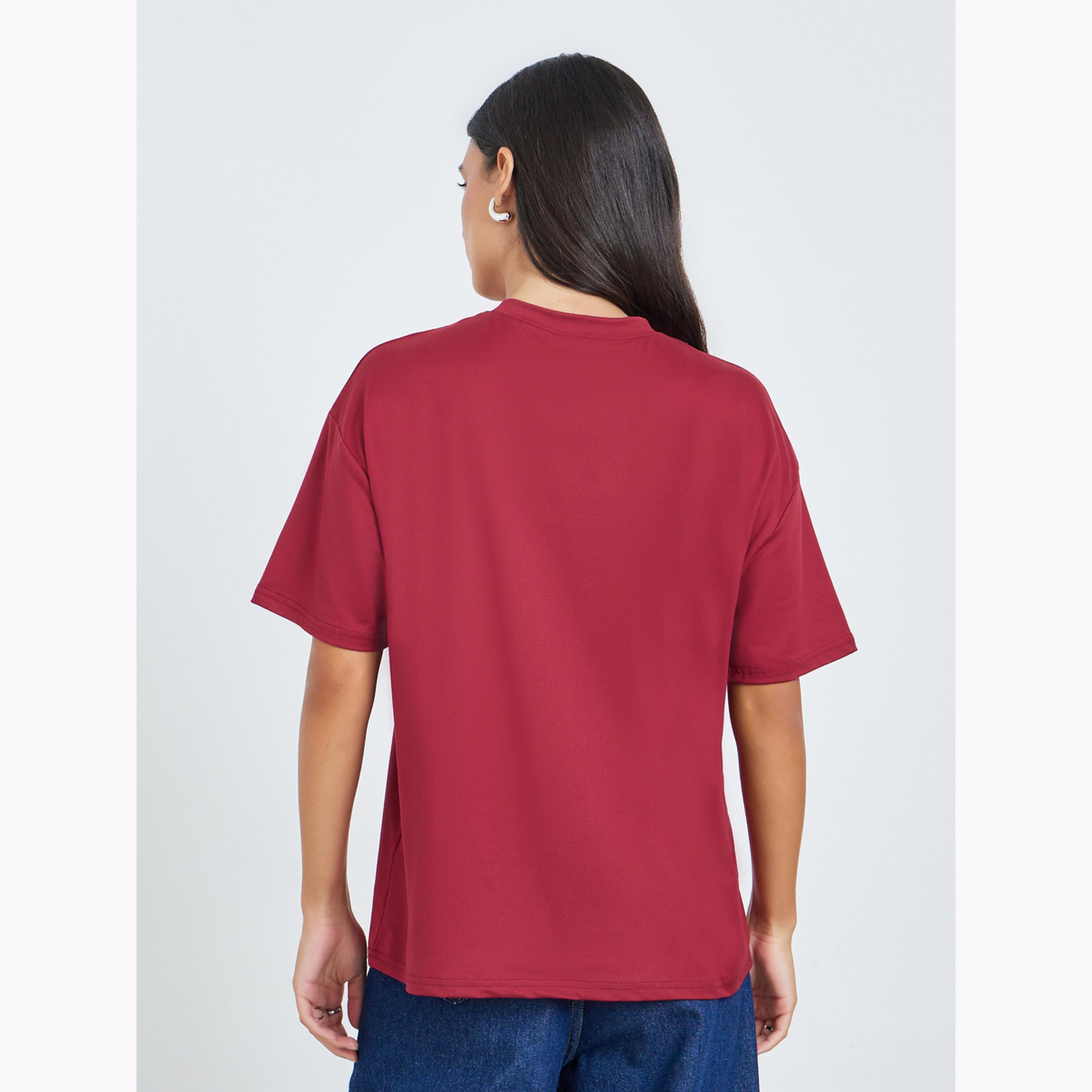 Styli Burgundy Slogan Print Oversized Short Sleeve T-Shirt-women-clothing-tshirts-image-3