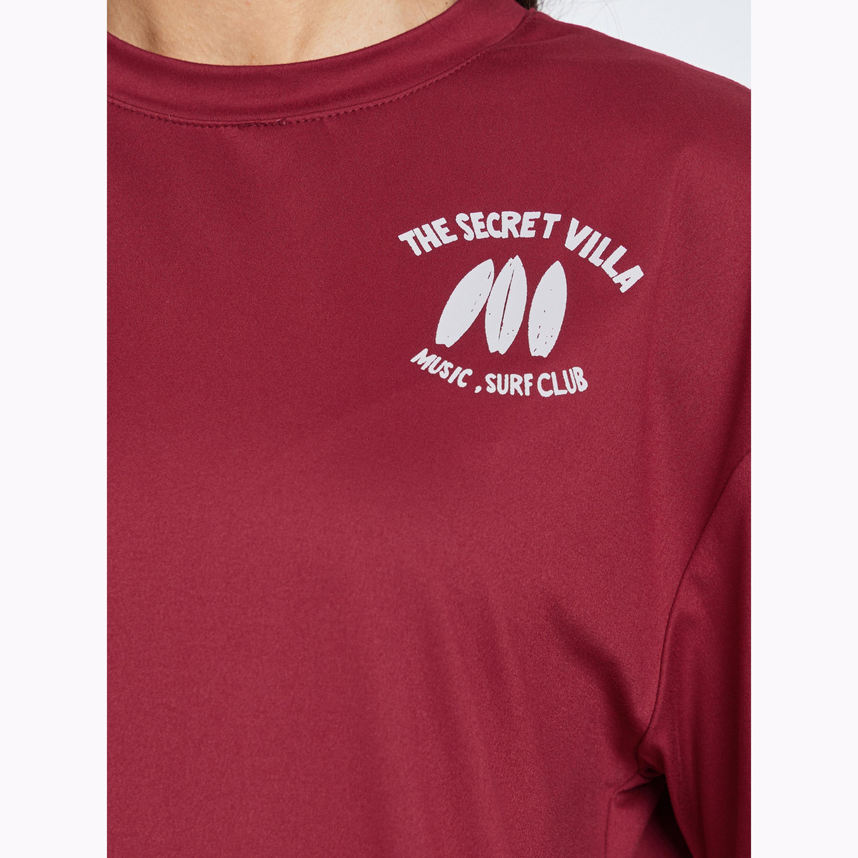 Styli Burgundy Slogan Print Oversized Short Sleeve T-Shirt-women-clothing-tshirts-image-4