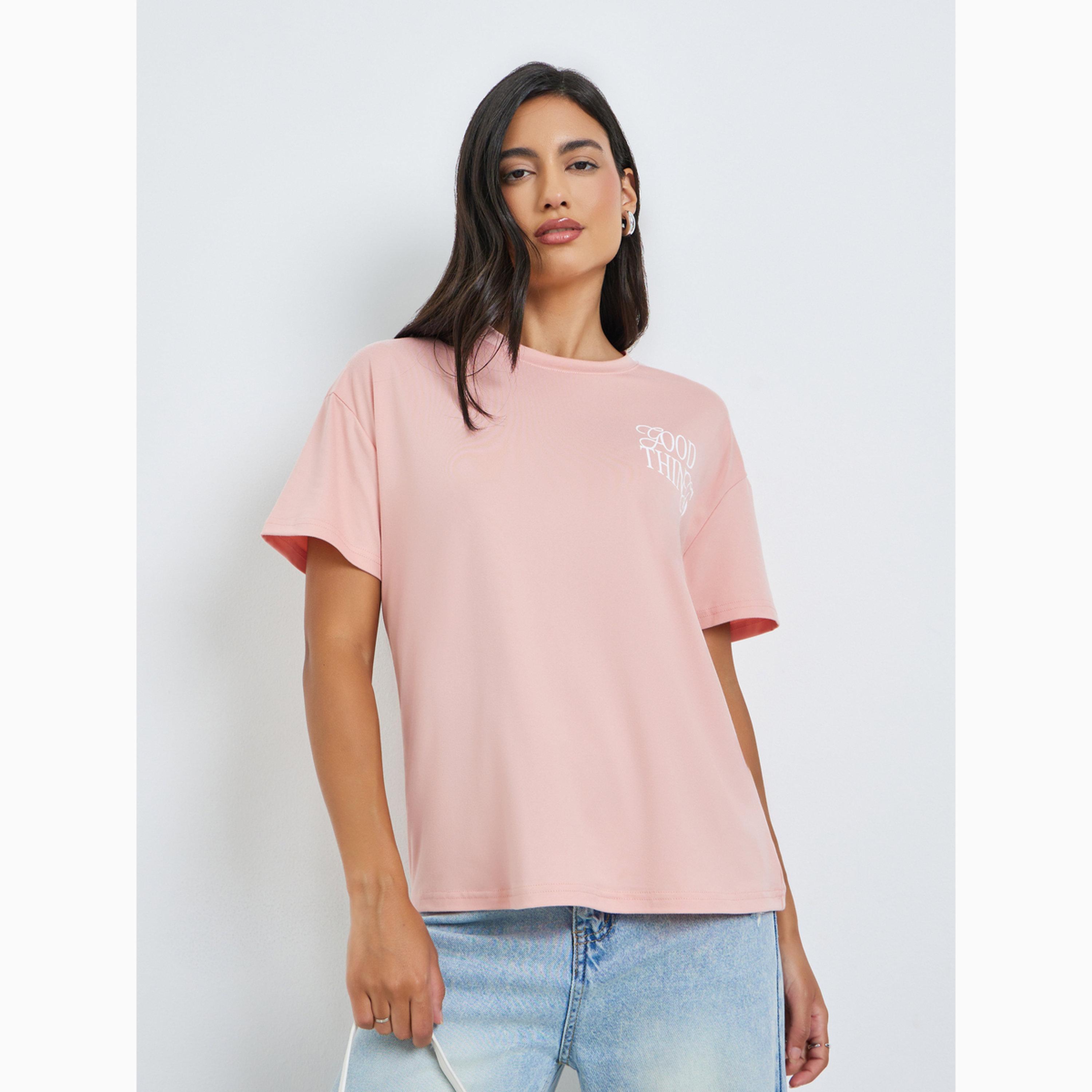 Styli Pink Slogan Print Oversized Short Sleeve T-Shirt-women-clothing-tshirts-image-1