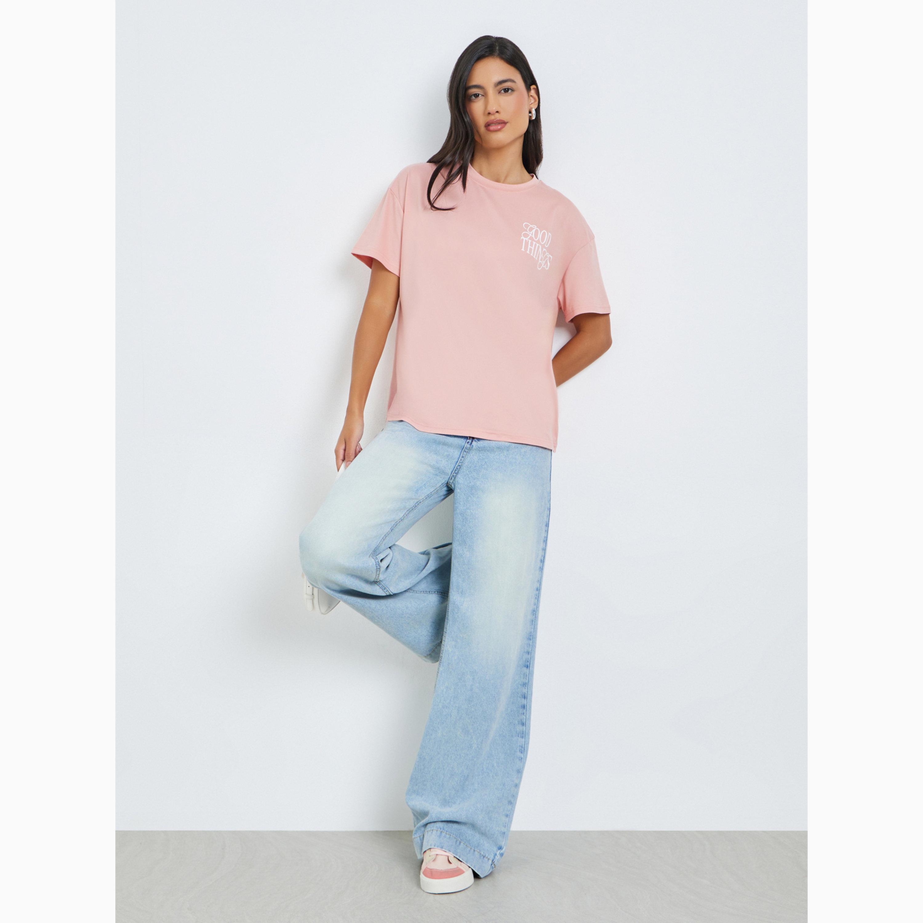 Styli Pink Slogan Print Oversized Short Sleeve T-Shirt-women-clothing-tshirts-image-2