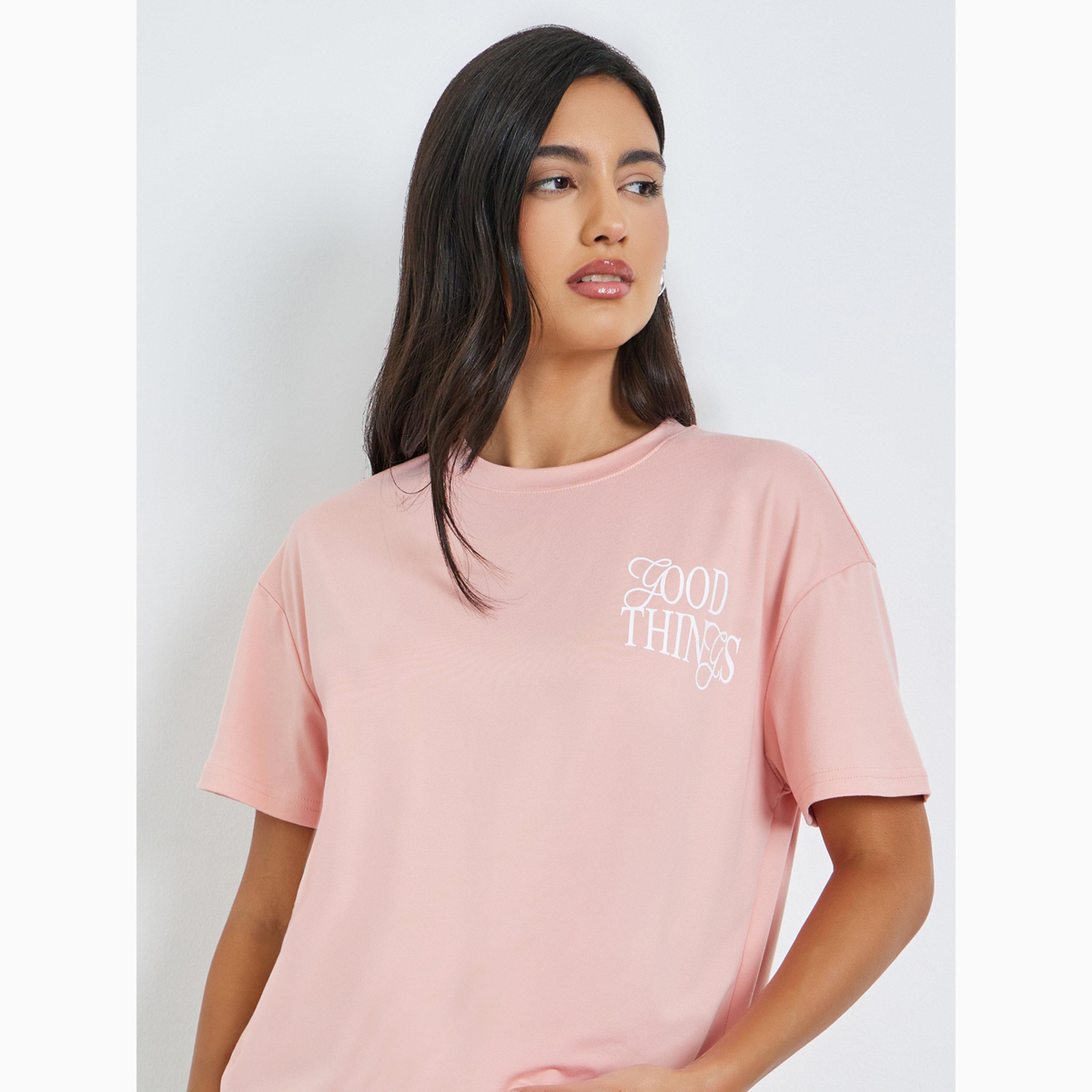 Styli Pink Slogan Print Oversized Short Sleeve T-Shirt-women-clothing-tshirts-image-3