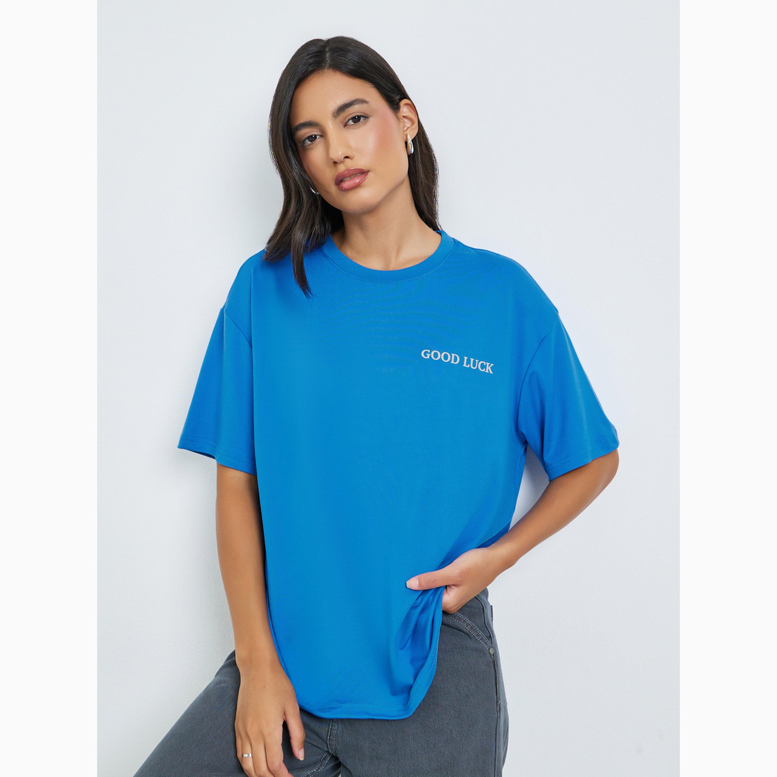 Styli Blue Slogan Print Oversized Round Neck T-Shirt-women-clothing-tshirts-image-1