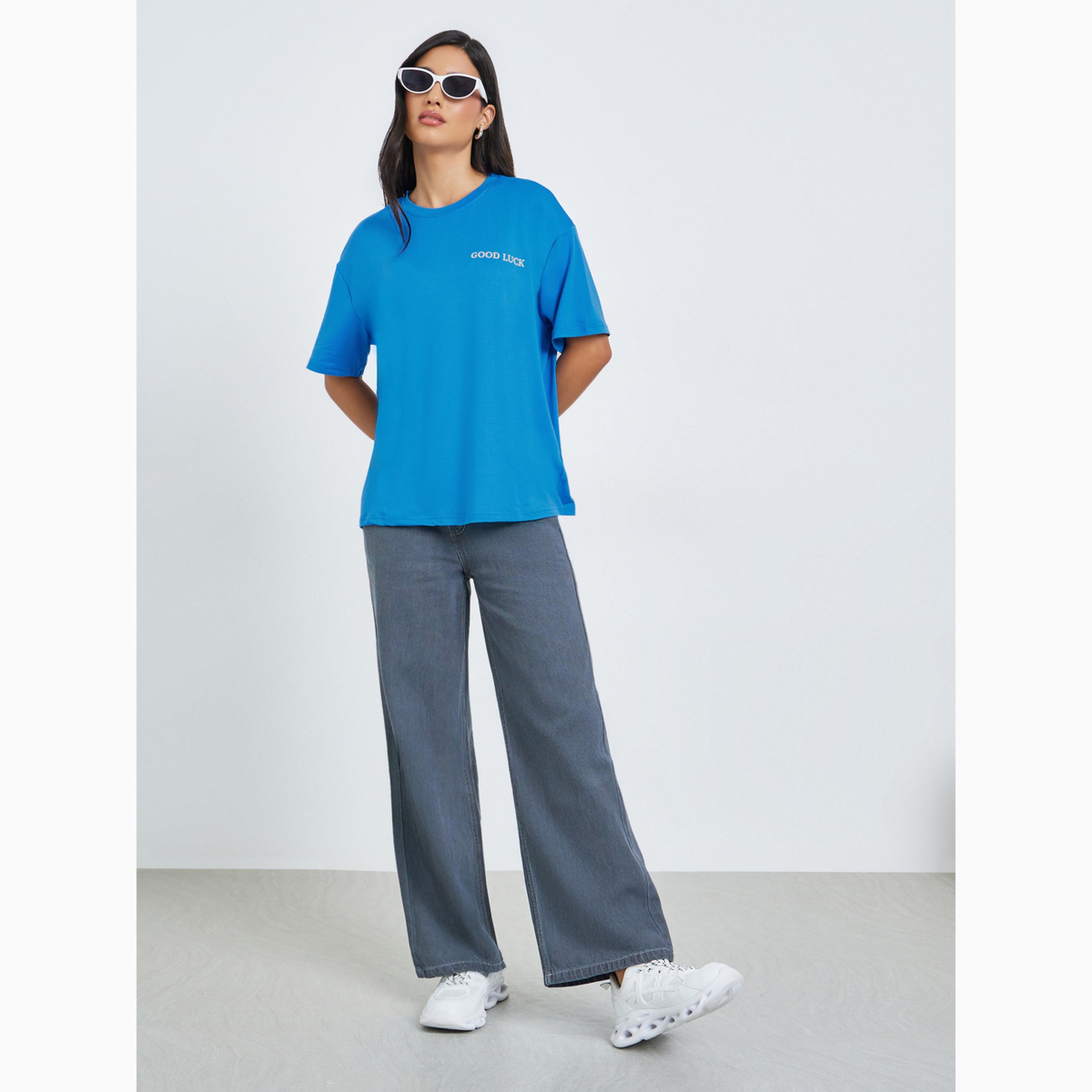 Styli Blue Slogan Print Oversized Round Neck T-Shirt-women-clothing-tshirts-image-2