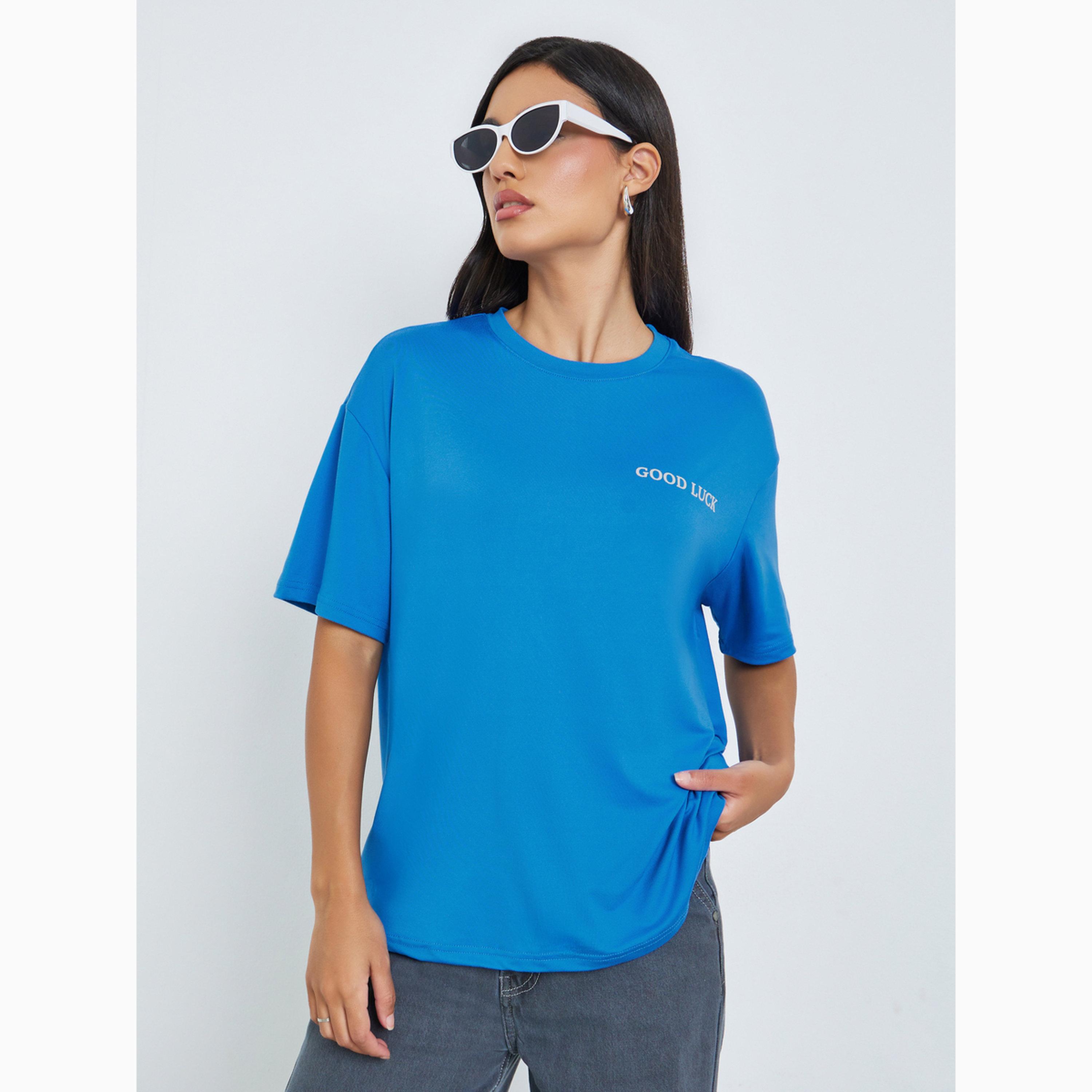 Styli Blue Slogan Print Oversized Round Neck T-Shirt-women-clothing-tshirts-image-3