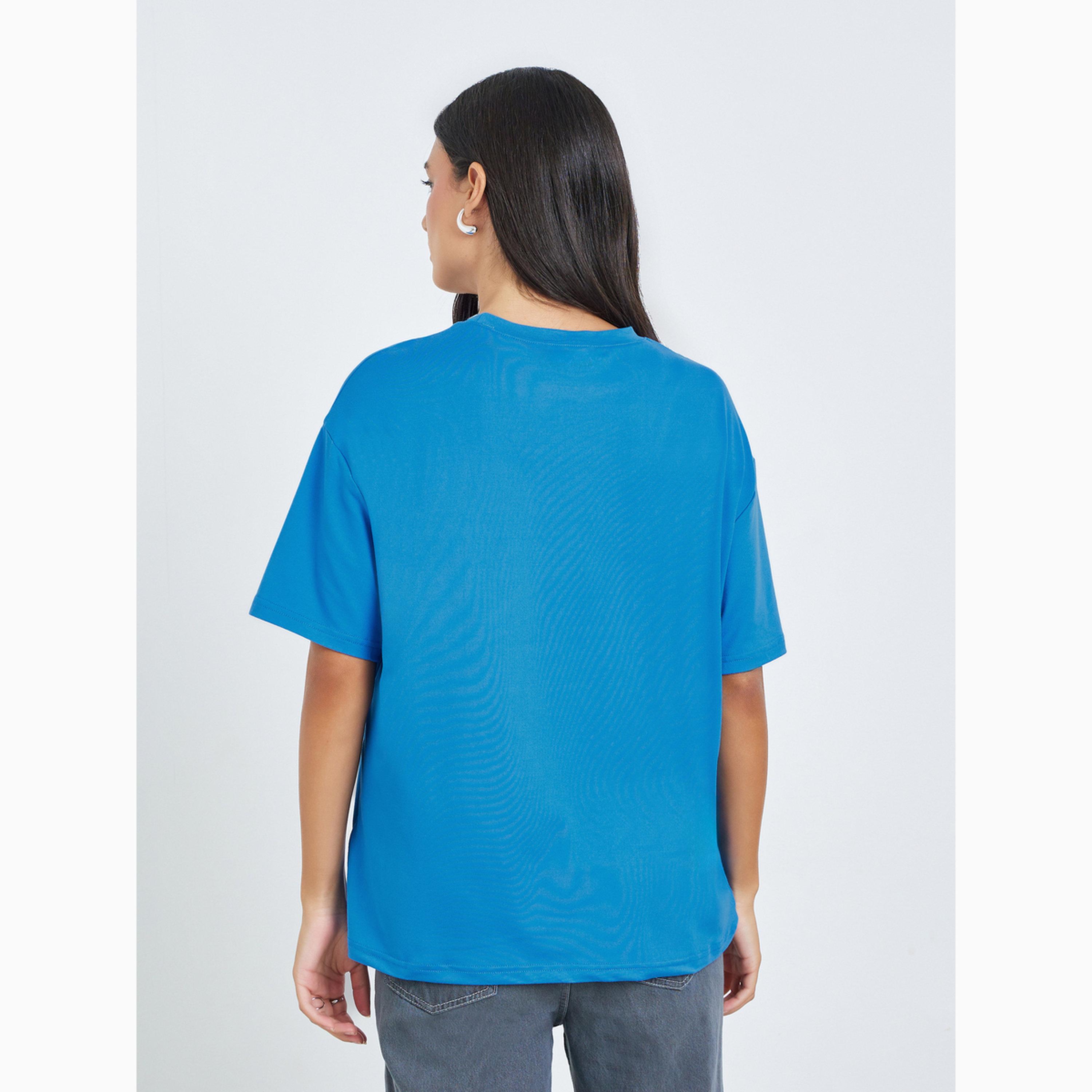 Styli Blue Slogan Print Oversized Round Neck T-Shirt-women-clothing-tshirts-image-5