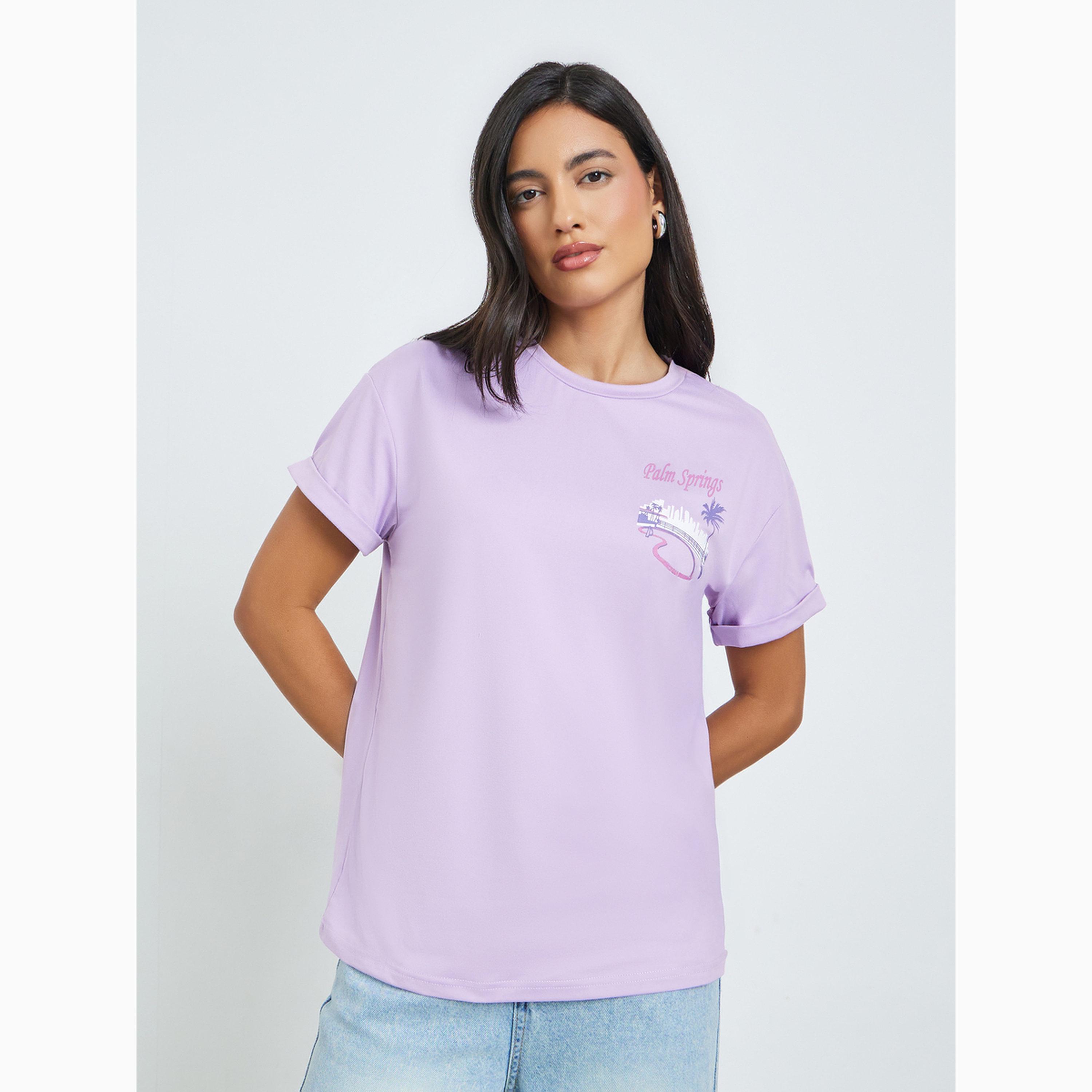 تيشيرت بطبعة نخلة وأكمام مطوية-women-clothing-tshirts-image-1