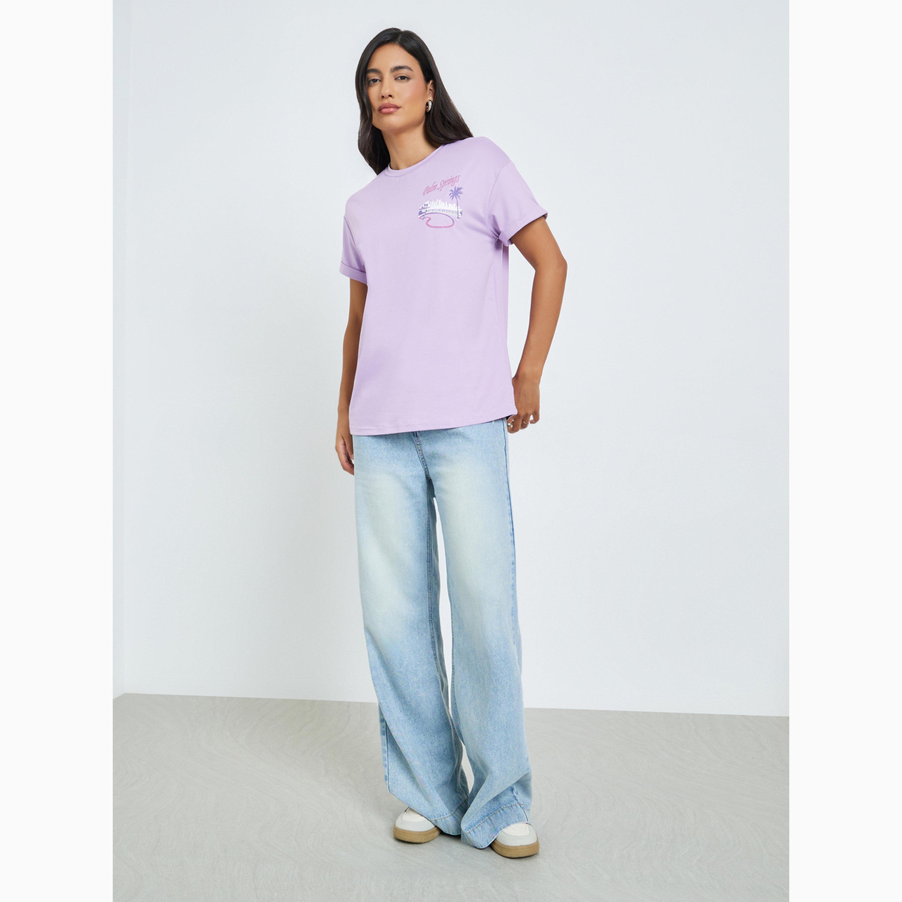 Styli Purple Palm Print T-Shirt with Turn-Up Sleeve-women-clothing-tshirts-image-2