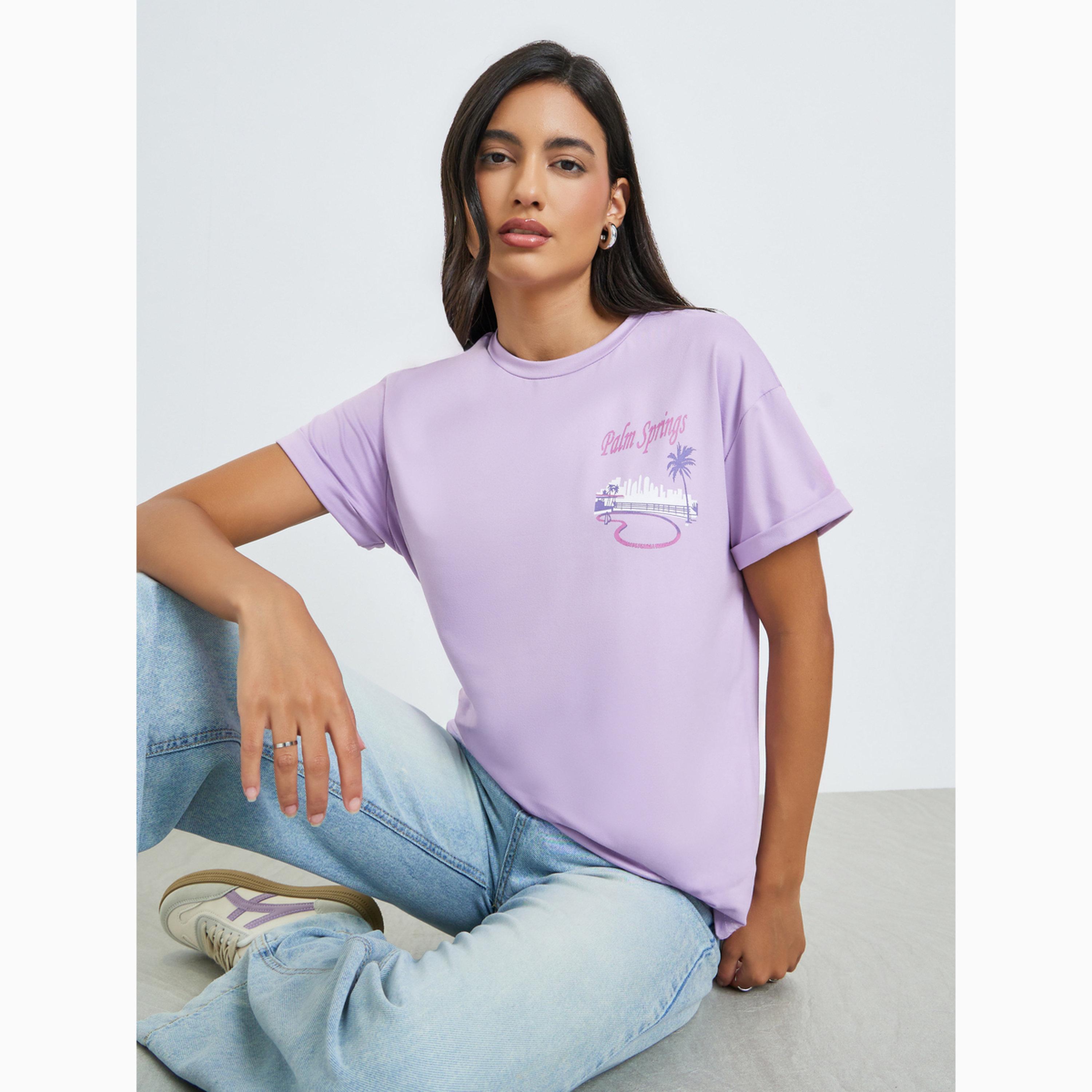 Styli Purple Palm Print T-Shirt with Turn-Up Sleeve-women-clothing-tshirts-image-3