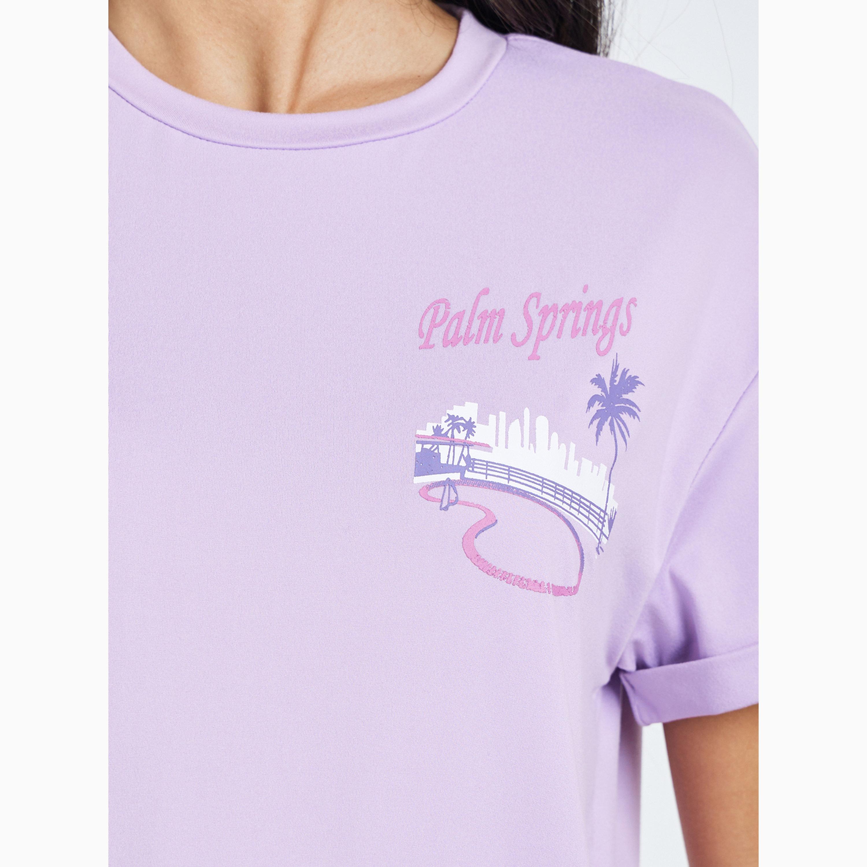 Styli Purple Palm Print T-Shirt with Turn-Up Sleeve-women-clothing-tshirts-image-4