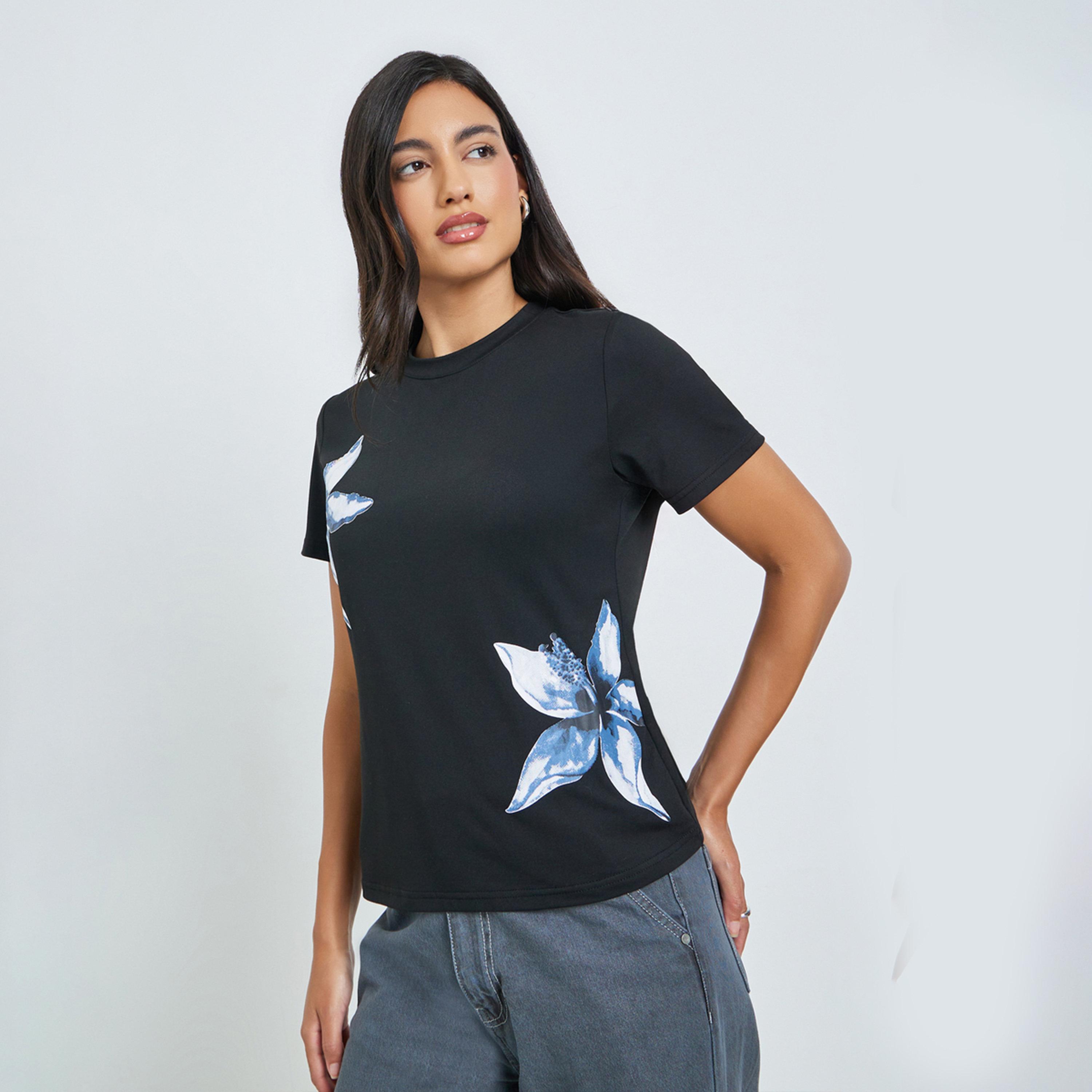 Styli Black Floral Print Short Sleeve T-Shirt-women-clothing-tshirts-image-1