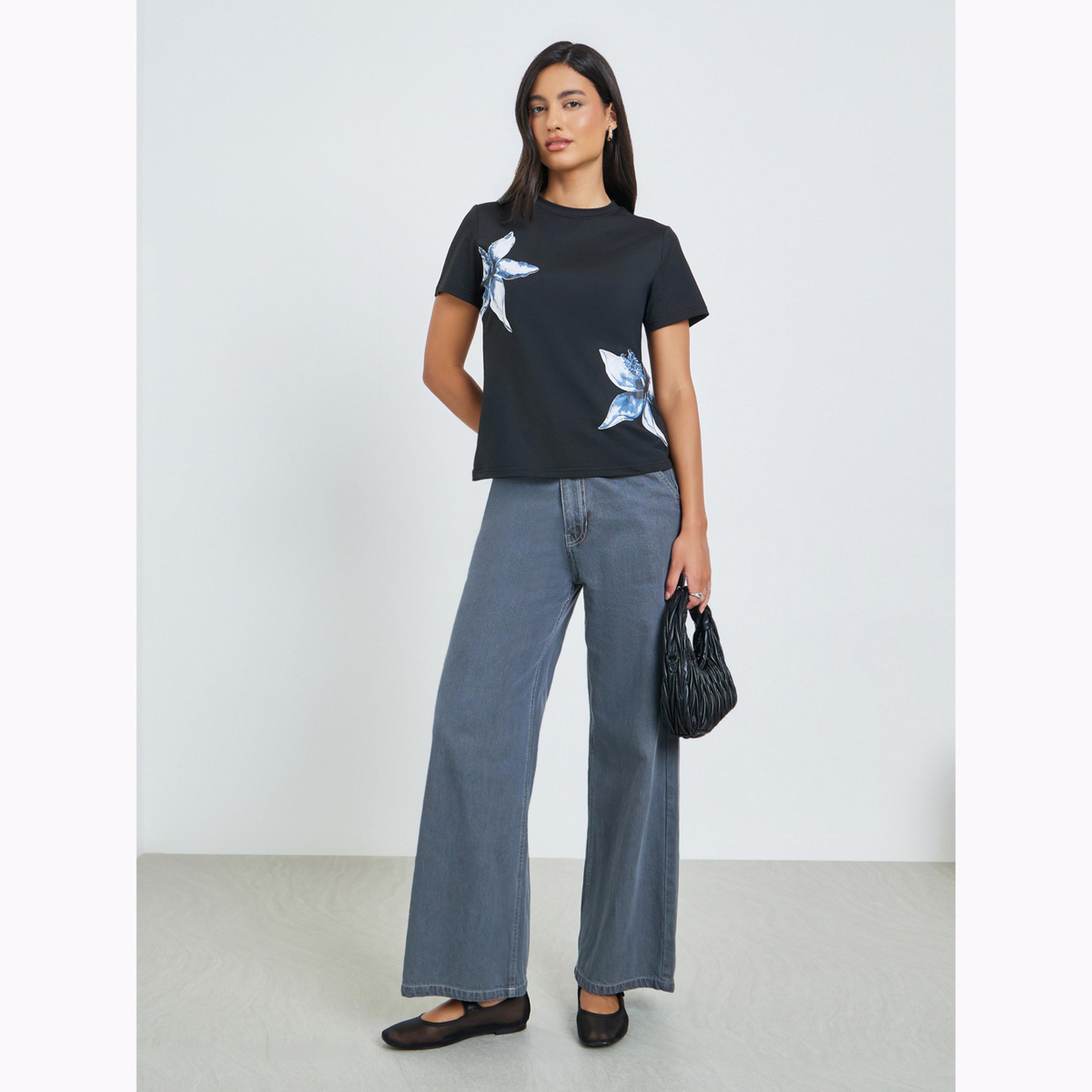 Styli Black Floral Print Short Sleeve T-Shirt-women-clothing-tshirts-image-2