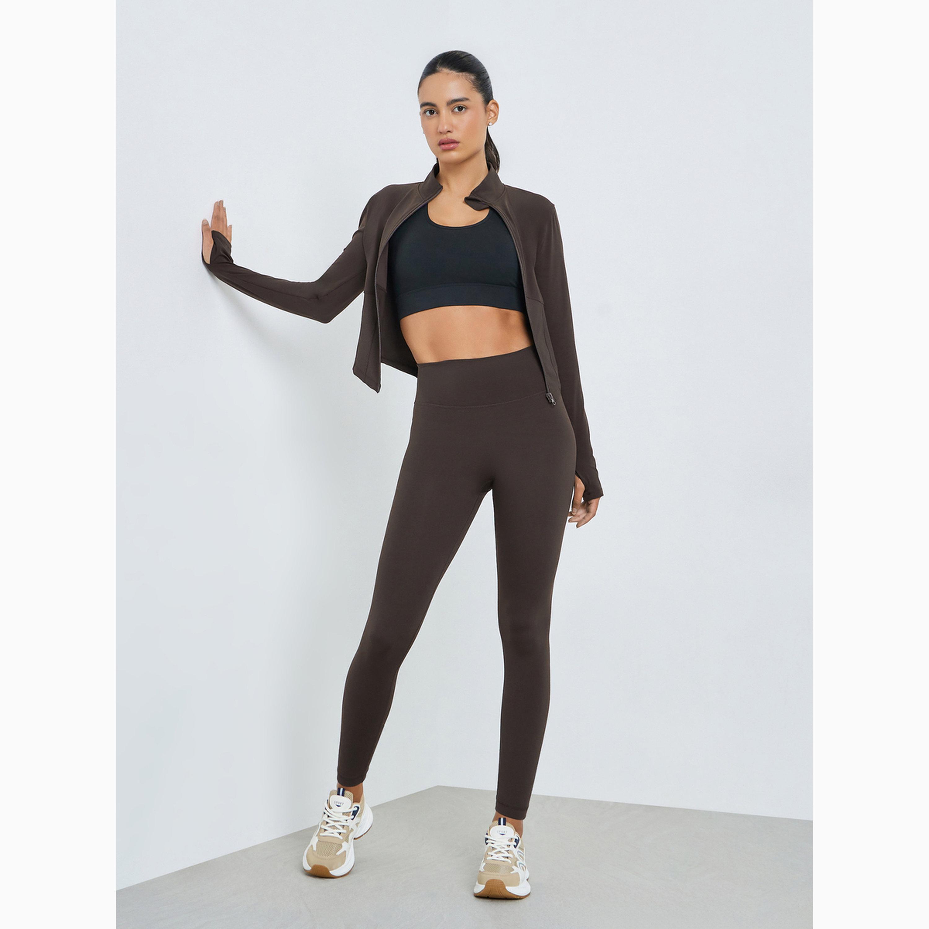 مجموعة من ليقنز وجاكيت بسحاب وتفاصيل بارزة الملمس مضلعة بني-women-clothing-sportswearandactivewear-trackpantsandtracksuits-image-1