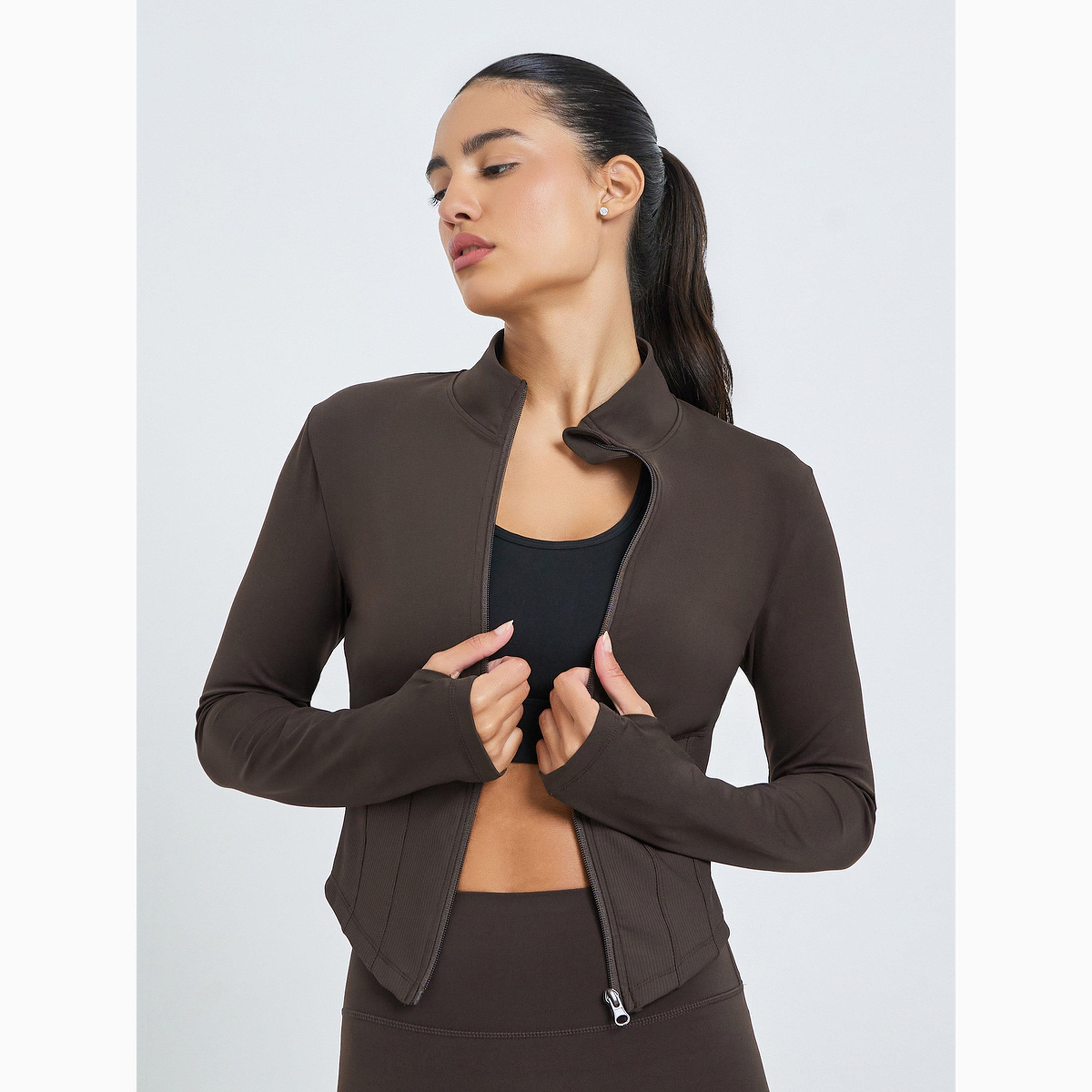 مجموعة من ليقنز وجاكيت بسحاب وتفاصيل بارزة الملمس مضلعة بني-women-clothing-sportswearandactivewear-trackpantsandtracksuits-image-2