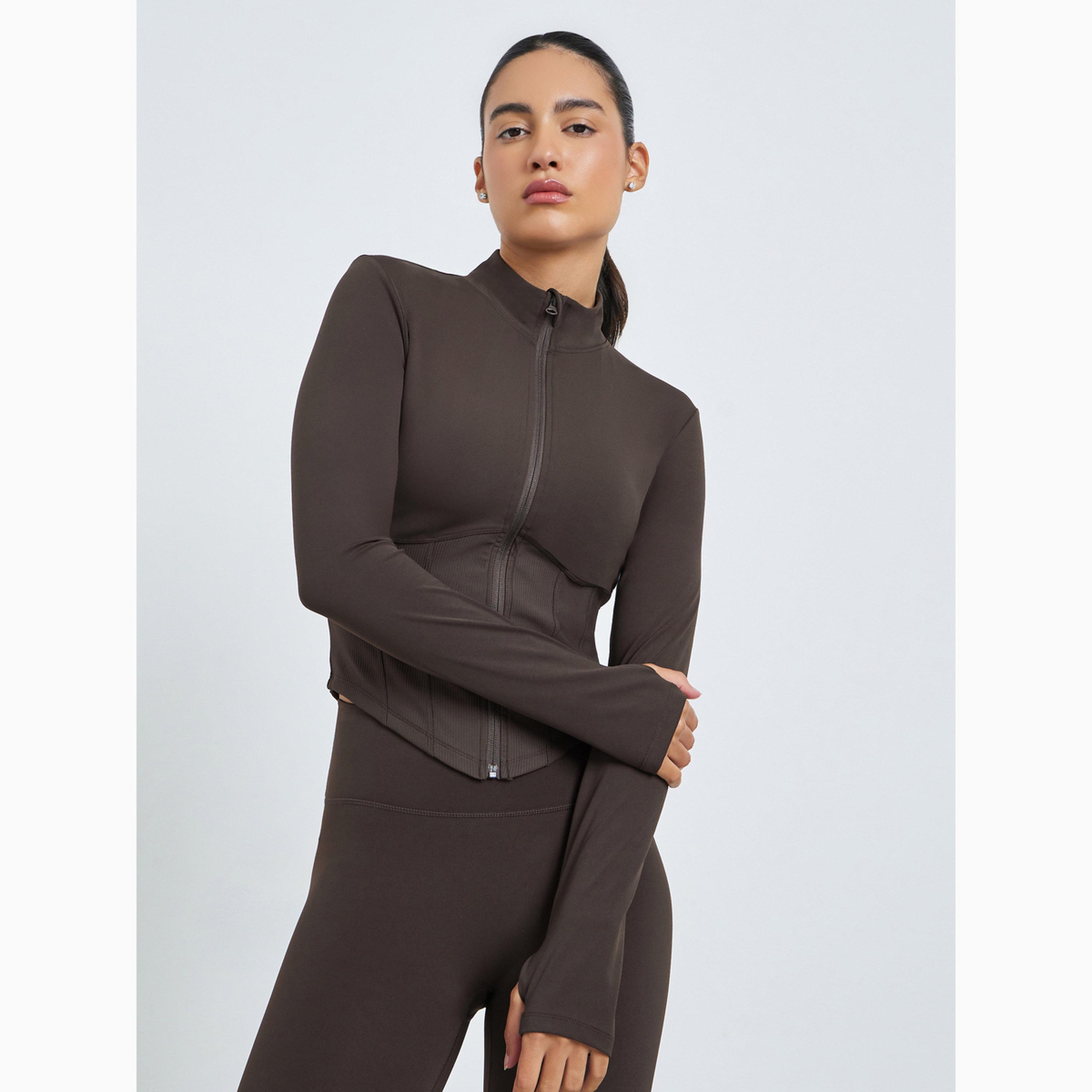 مجموعة من ليقنز وجاكيت بسحاب وتفاصيل بارزة الملمس مضلعة بني-women-clothing-sportswearandactivewear-trackpantsandtracksuits-image-3
