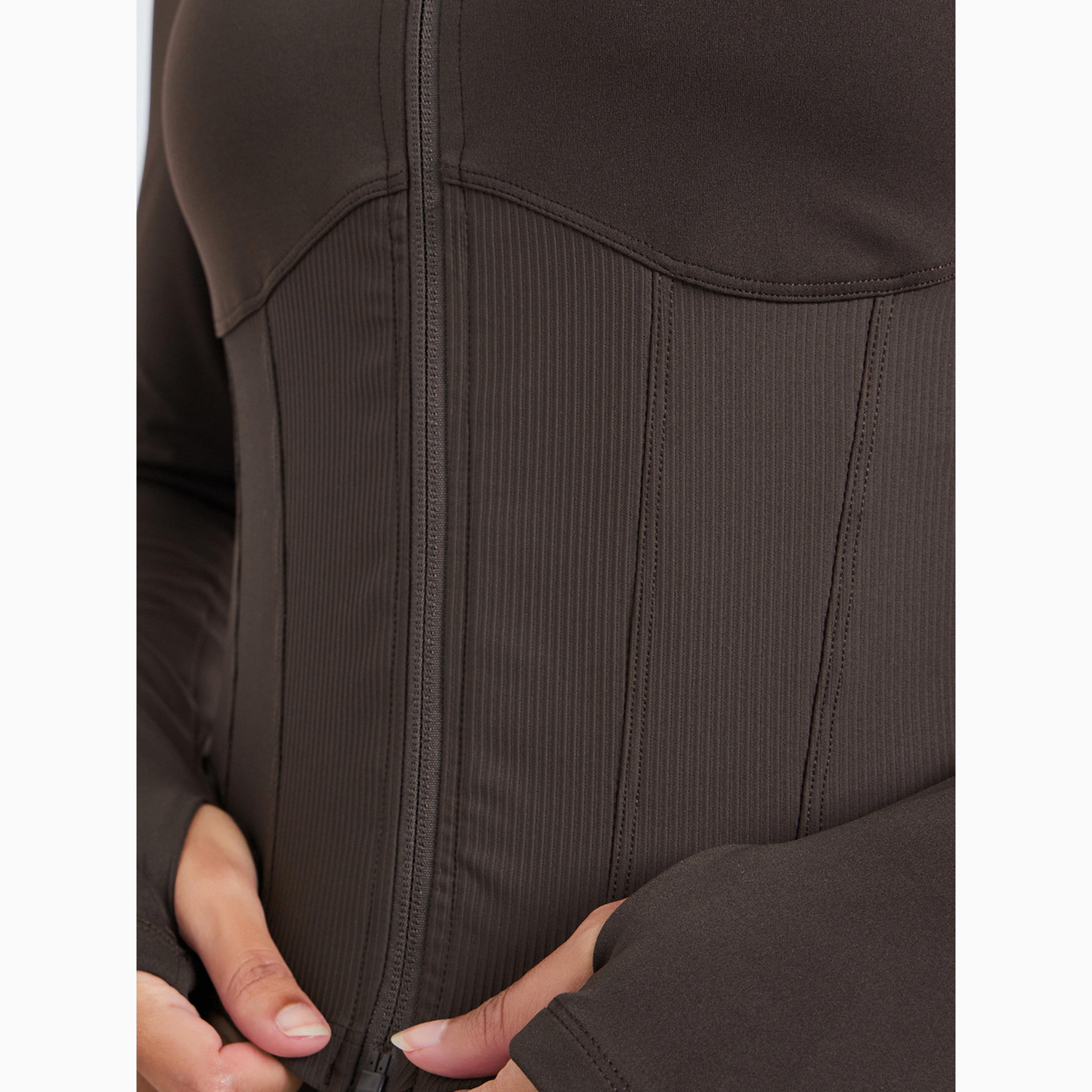 Styli Brown Half Panel Rib Textured Full Zip Up Jacket and Leggings Set-women-clothing-sportswearandactivewear-trackpantsandtracksuits-image-4