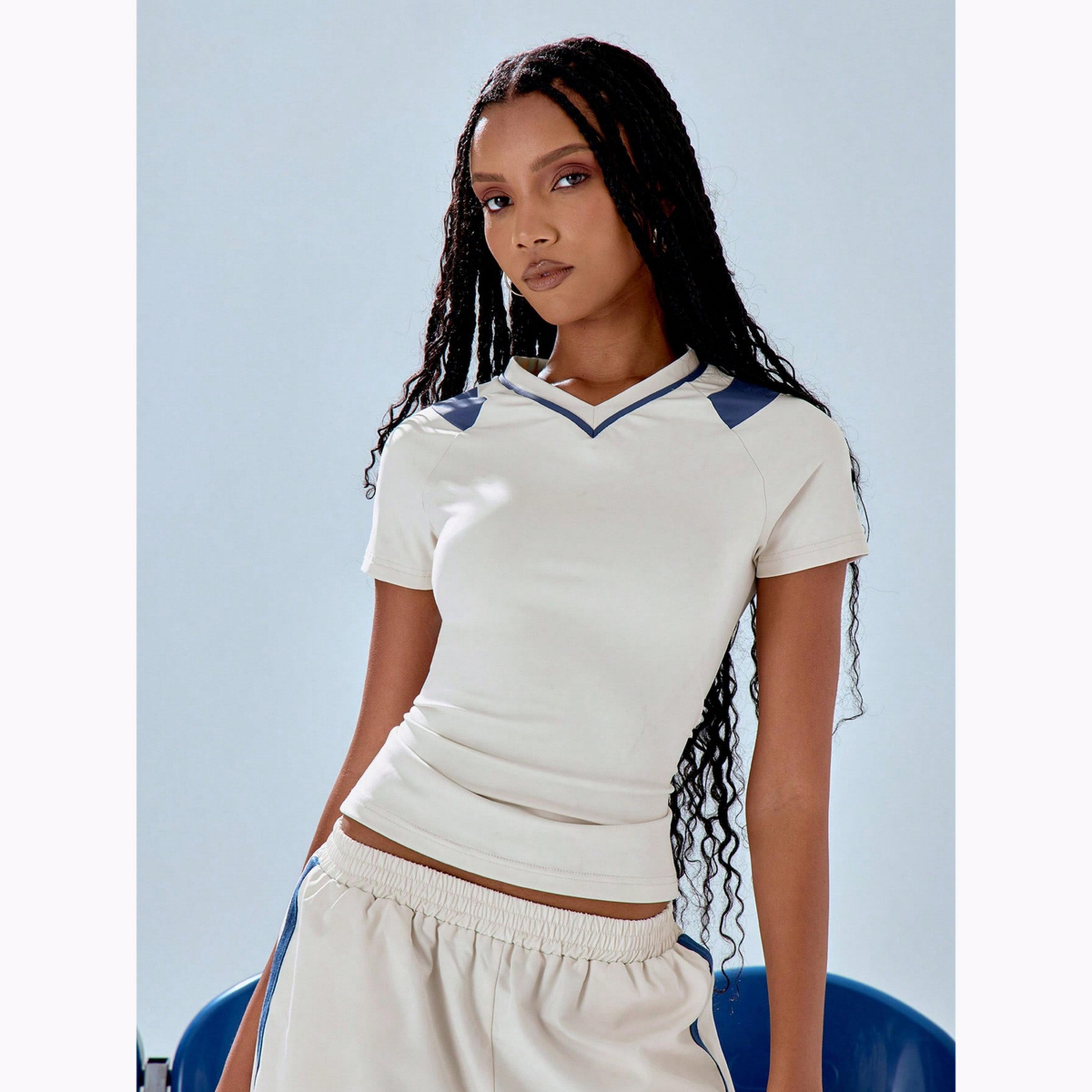 Take Two White Contrast Trim V Neck Raglan Sleeve T-Shirt-women-clothing-tshirts-image-1