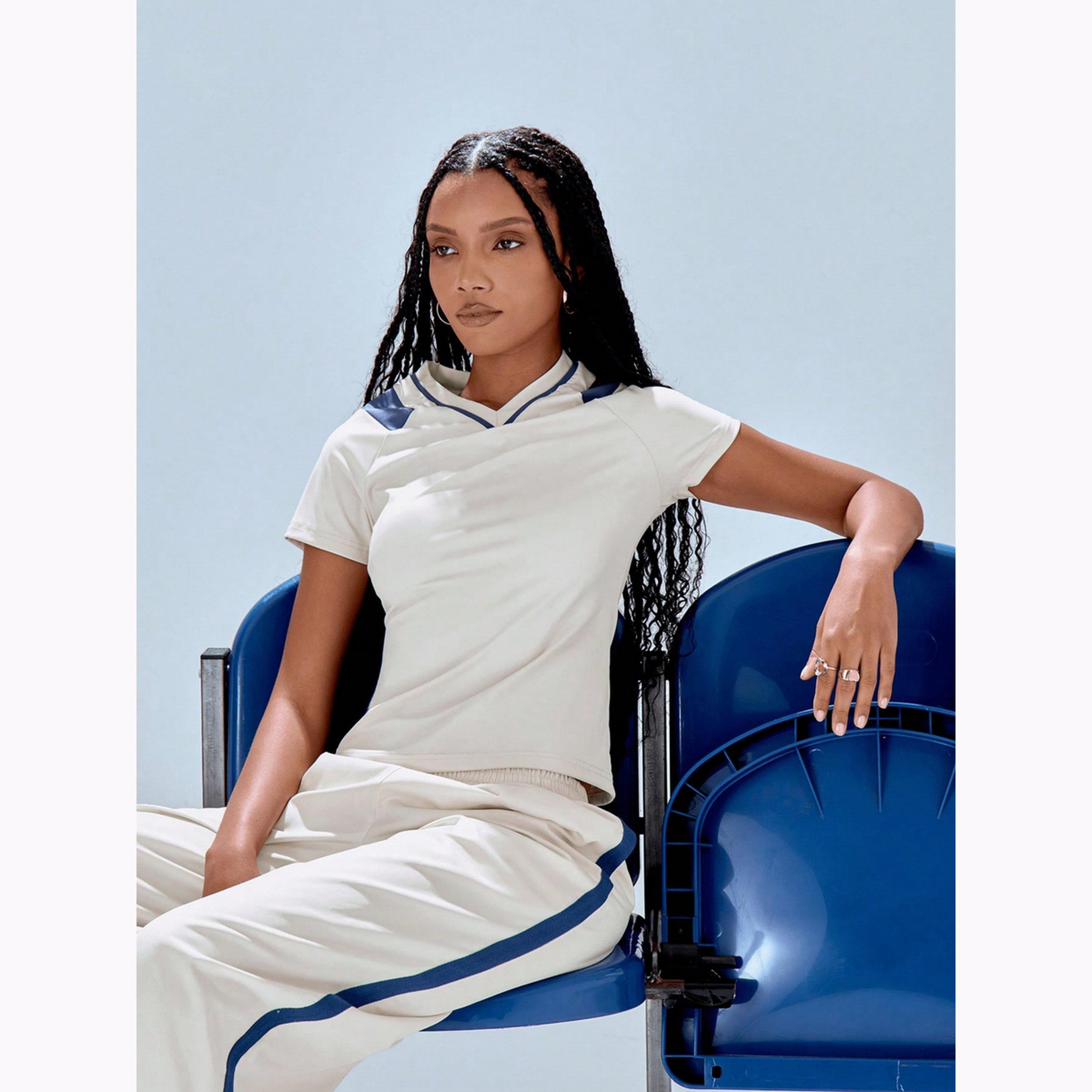 Take Two White Contrast Trim V Neck Raglan Sleeve T-Shirt-women-clothing-tshirts-image-5
