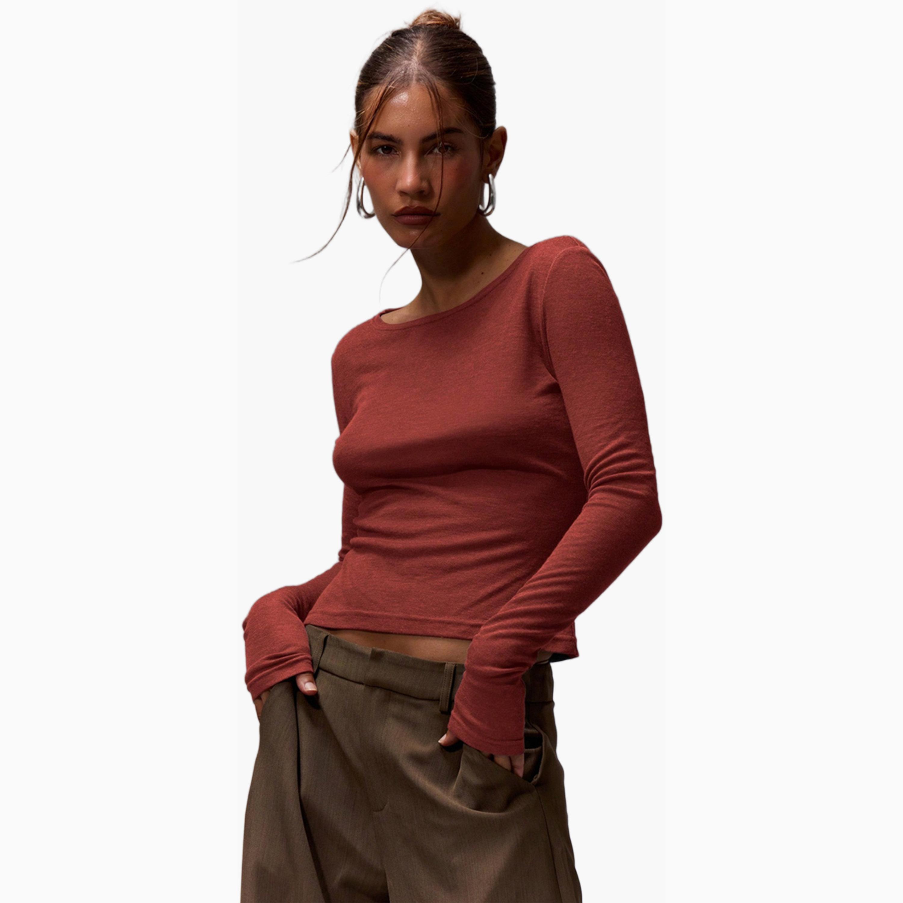 تيشيرت سادة بأكمام طويلة وياقة دائرية-women-clothing-tshirts-image-1