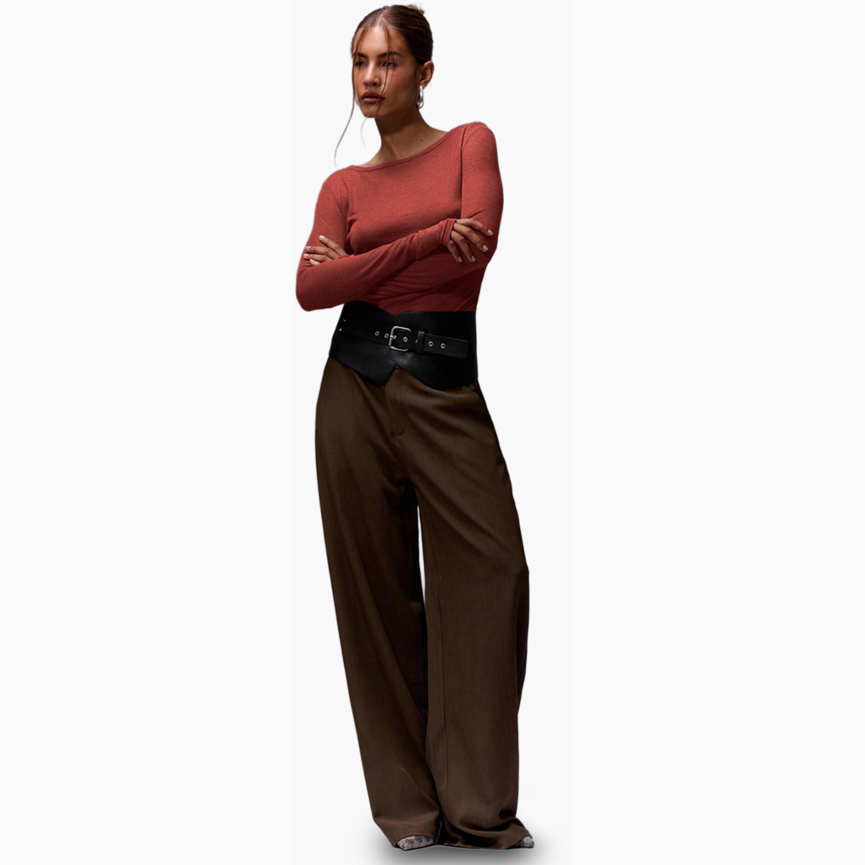 Take Two Burgundy Solid Round Neck Long Sleeve T-Shirt-women-clothing-tshirts-image-2