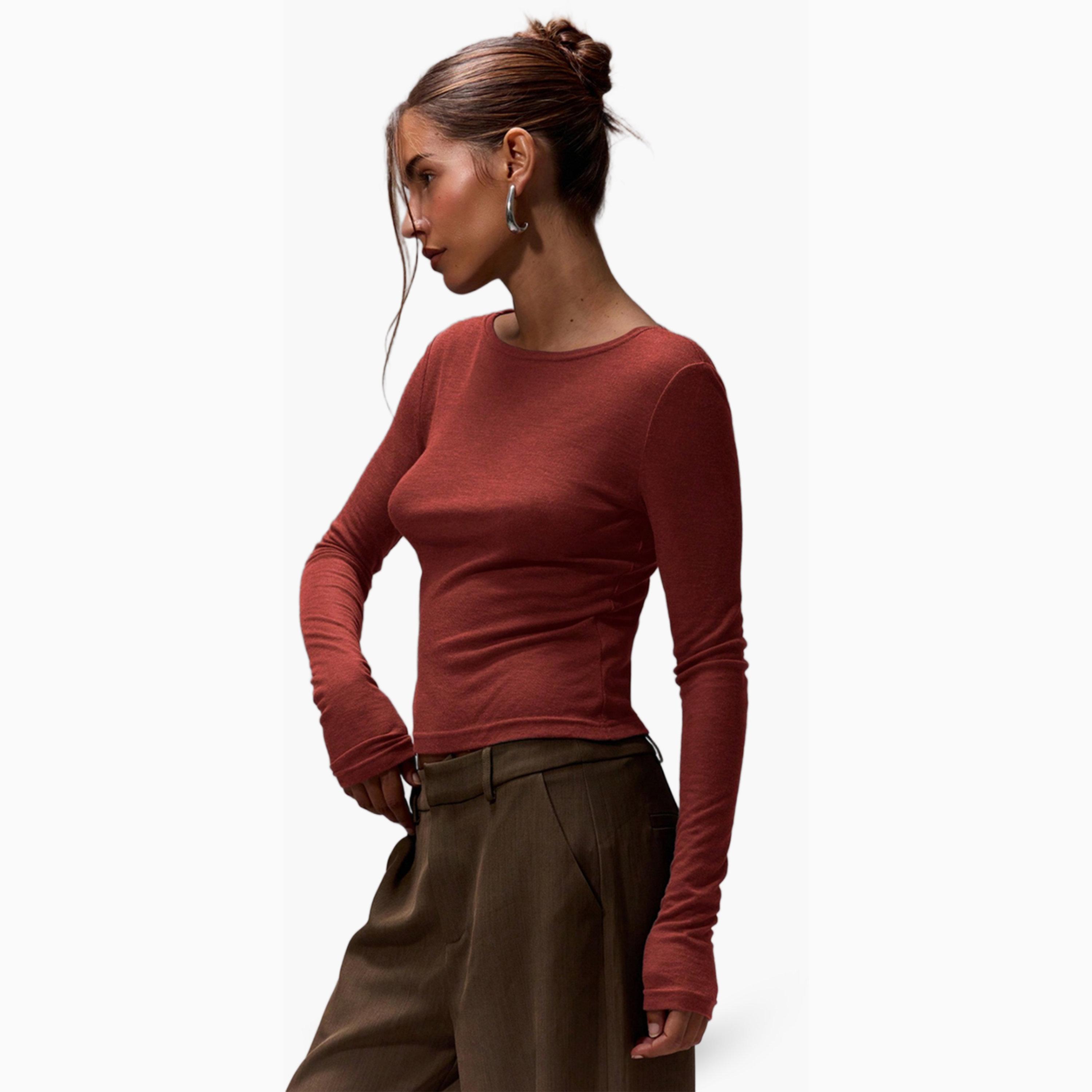 Take Two Burgundy Solid Round Neck Long Sleeve T-Shirt-women-clothing-tshirts-image-3