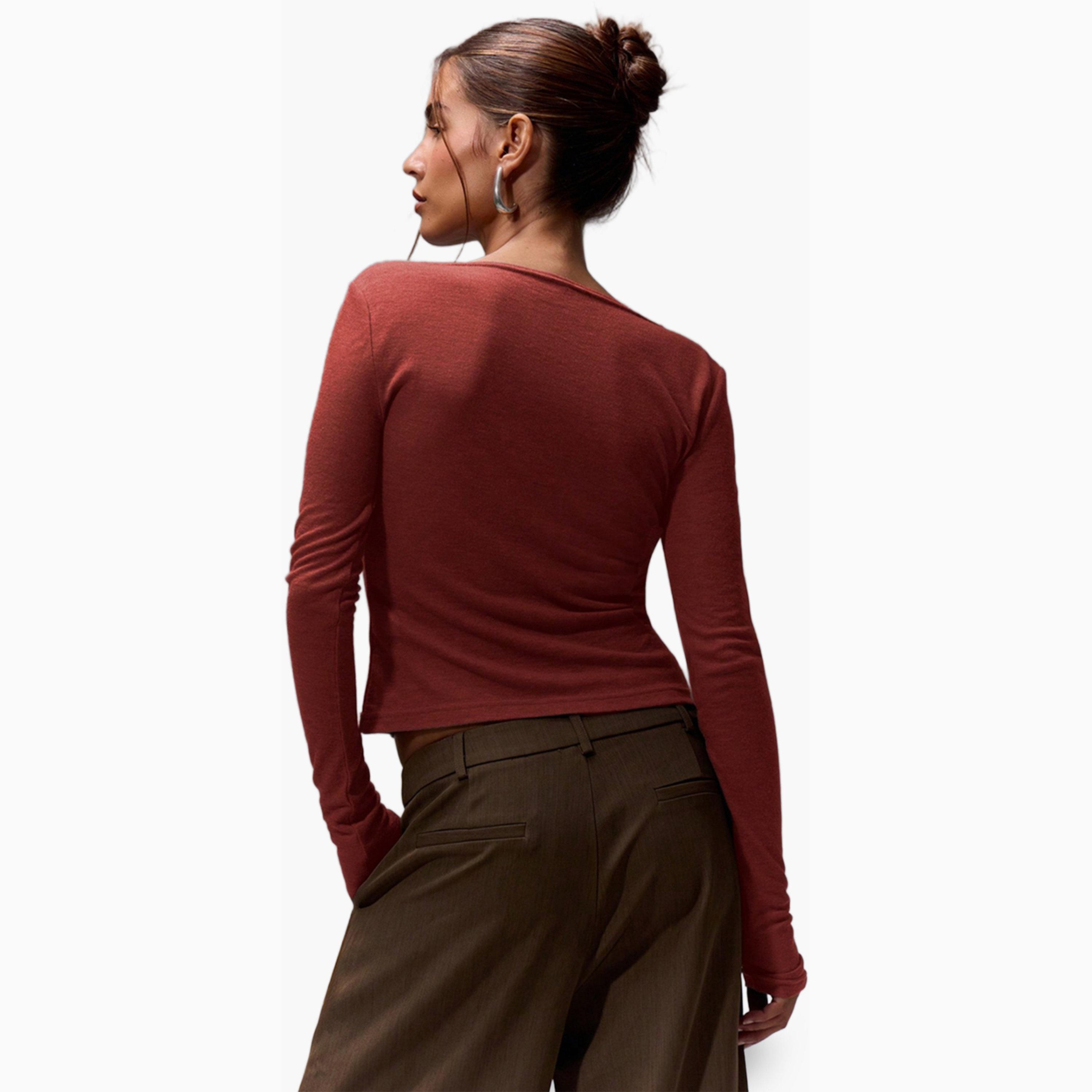 تيشيرت سادة بأكمام طويلة وياقة دائرية-women-clothing-tshirts-image-4