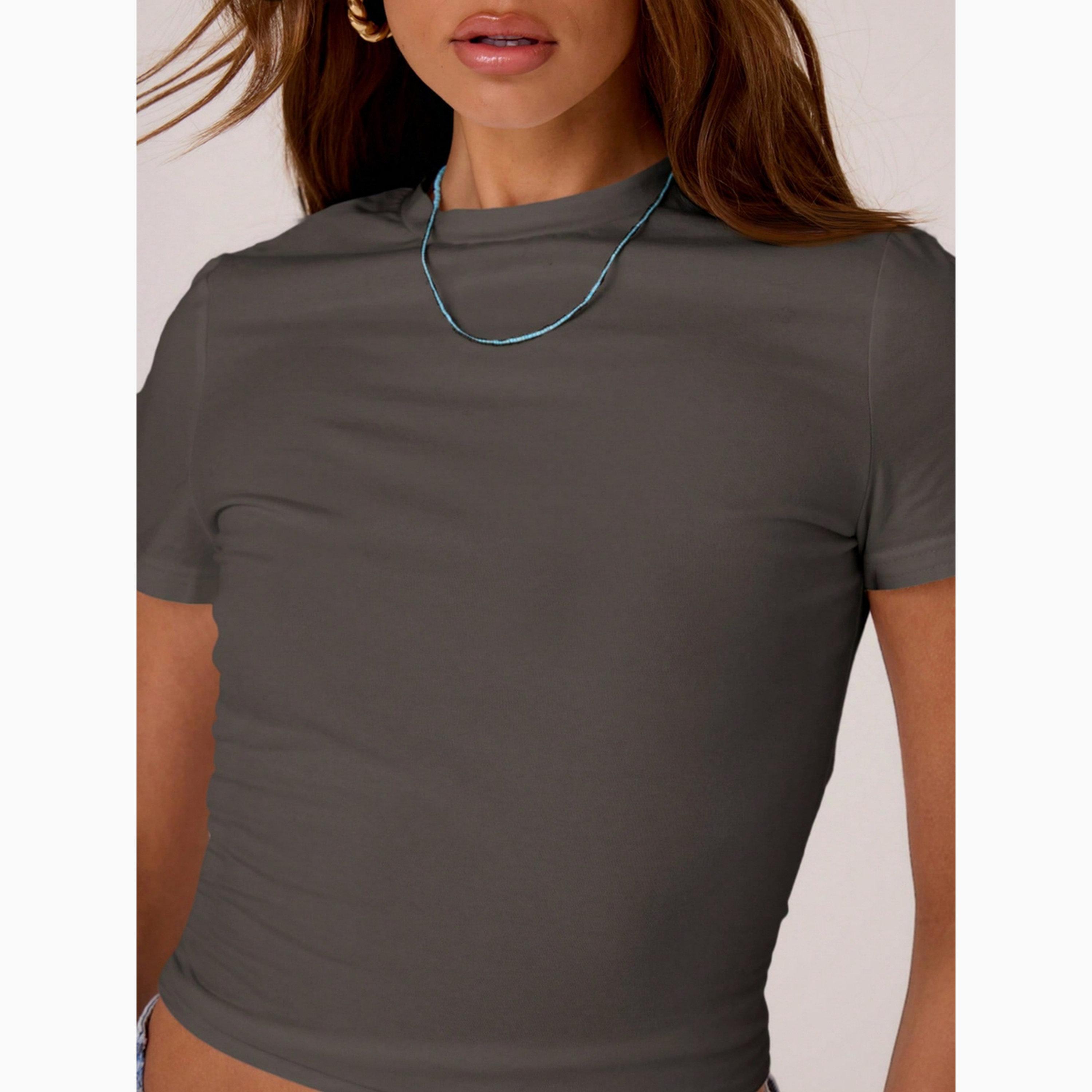 تيشيرت قصير سادة بأكمام قصيرة وياقة دائرية-women-clothing-tshirts-image-5