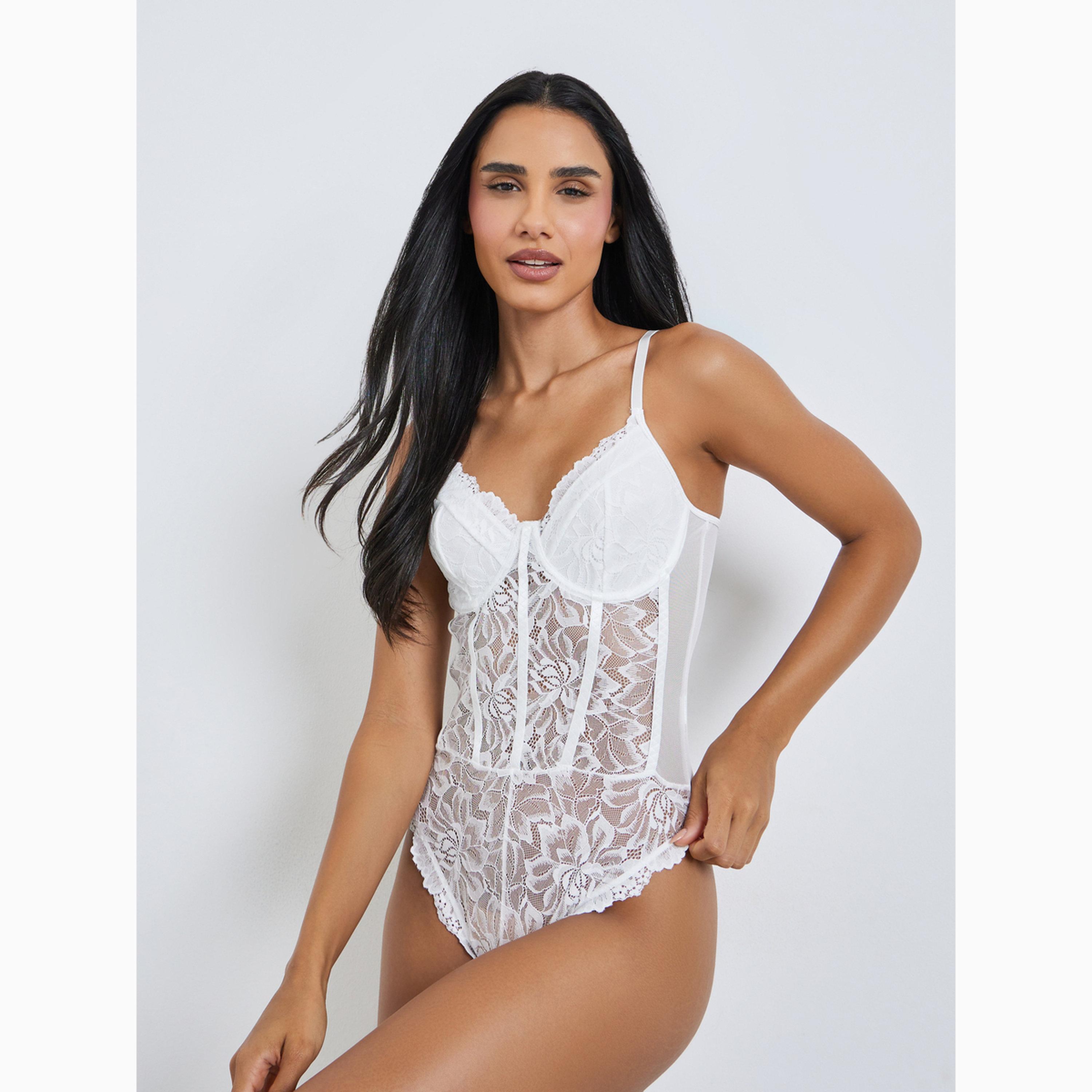 Styli White Floral Lace Padded Wired Bodysuit-women-clothing-lingerie-babydollsandbodysuits-image-1
