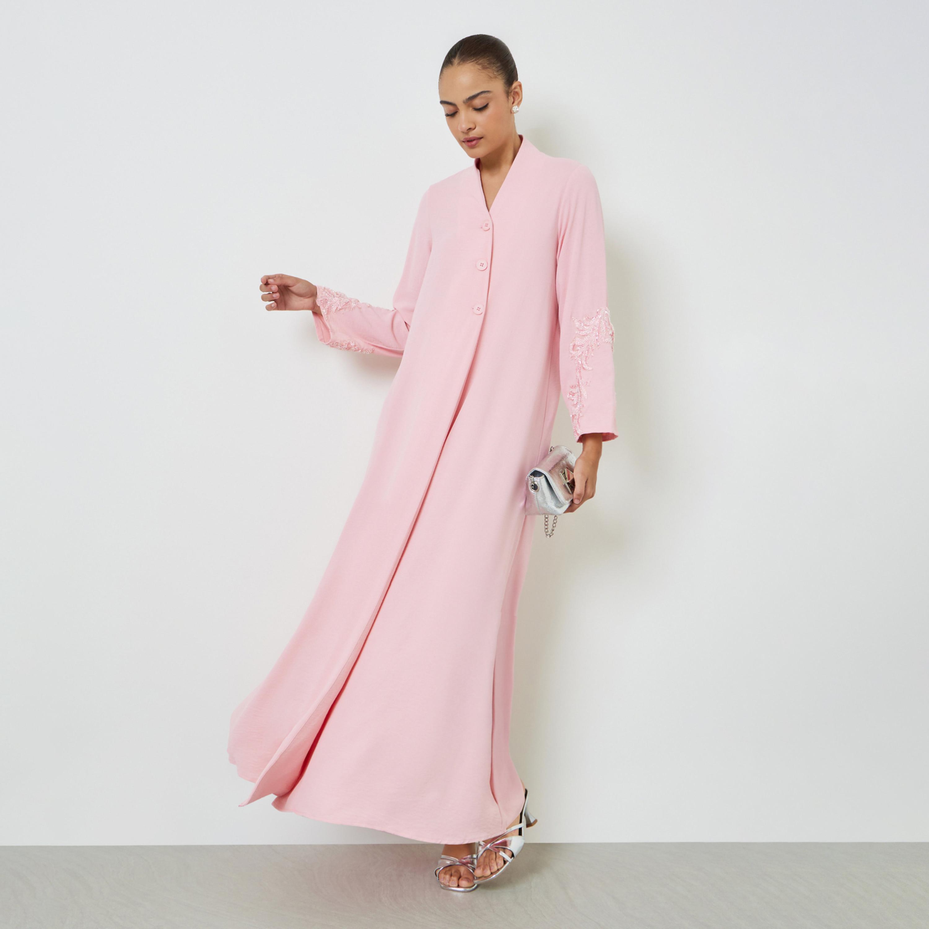جلابية مطرزة بأزرار وحافة واسعة باللون الوردي-women-arabicclothing-jalabiyas-image-1