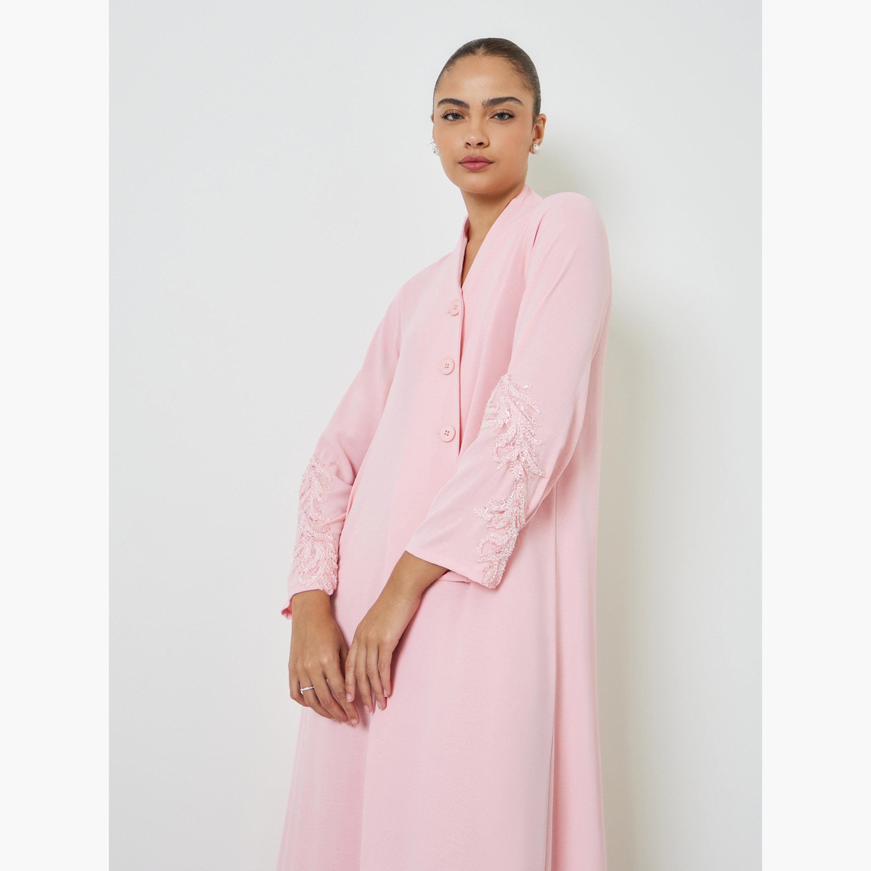 جلابية مطرزة بأزرار وحافة واسعة باللون الوردي-women-arabicclothing-jalabiyas-image-3