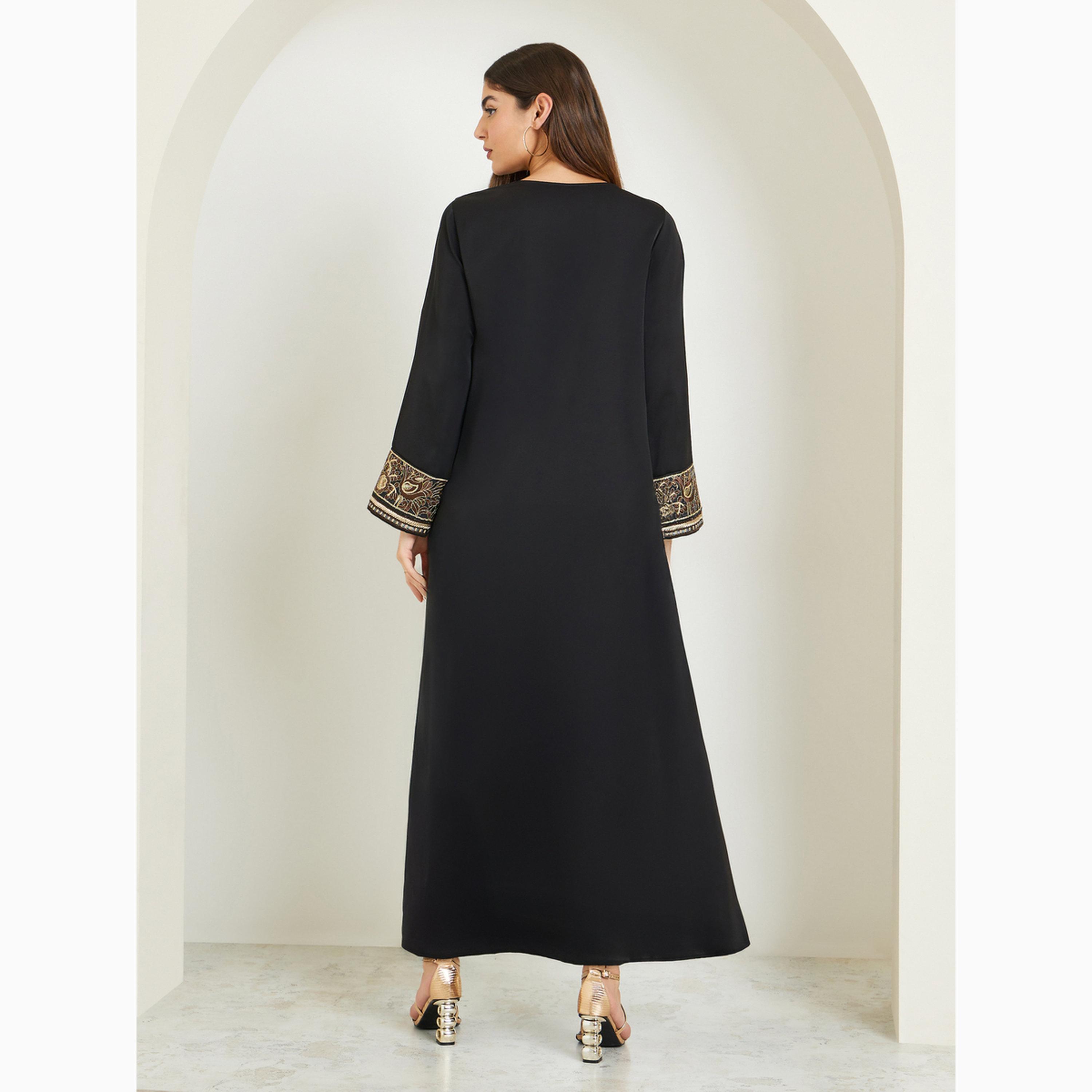 جلابية بياقة شق وتطريز على الأكمام-women-arabicclothing-jalabiyas-image-4