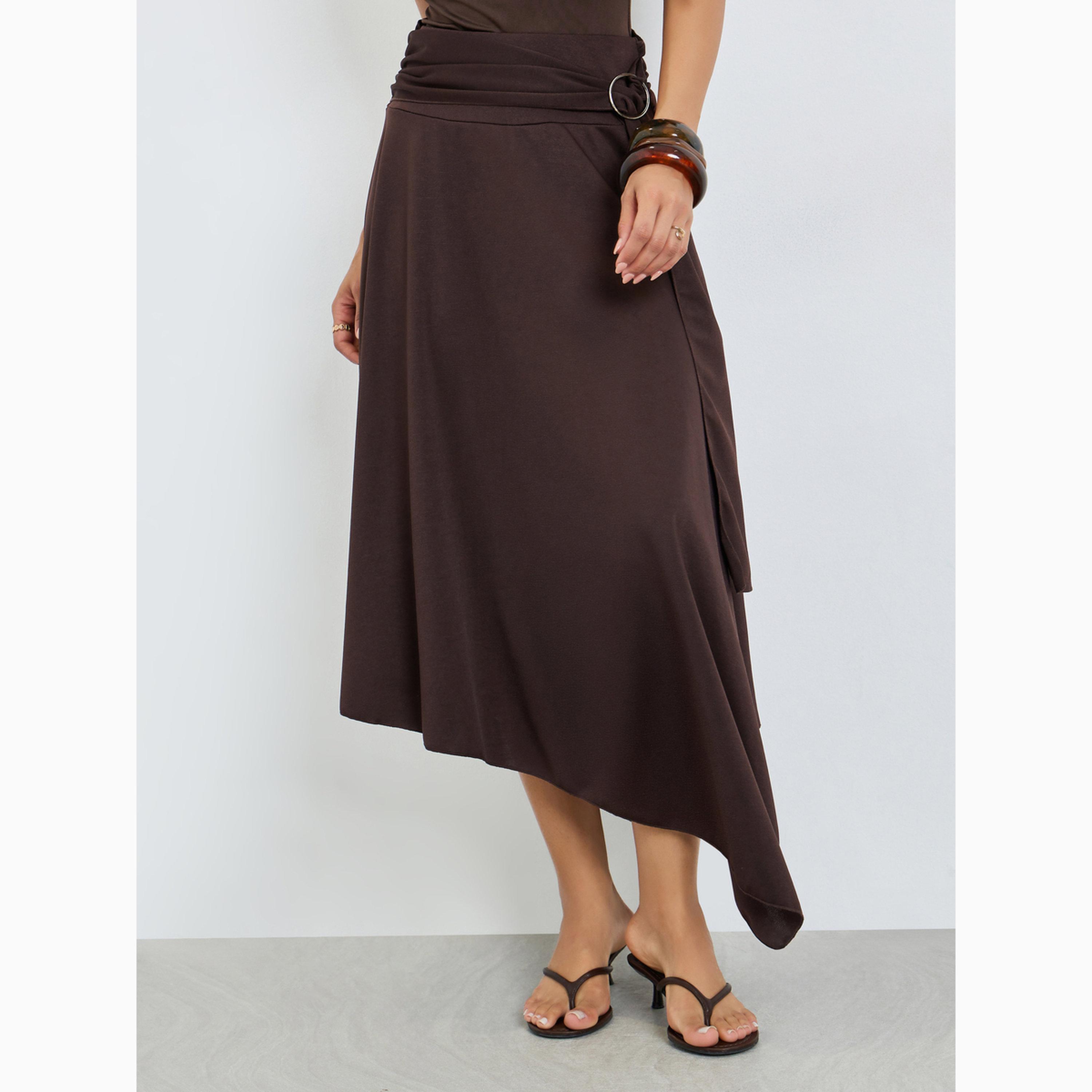 Styli Brown Asymmetric Midi Skirt with O-Ring Detail-women-clothing-bottoms-skirts-image-1