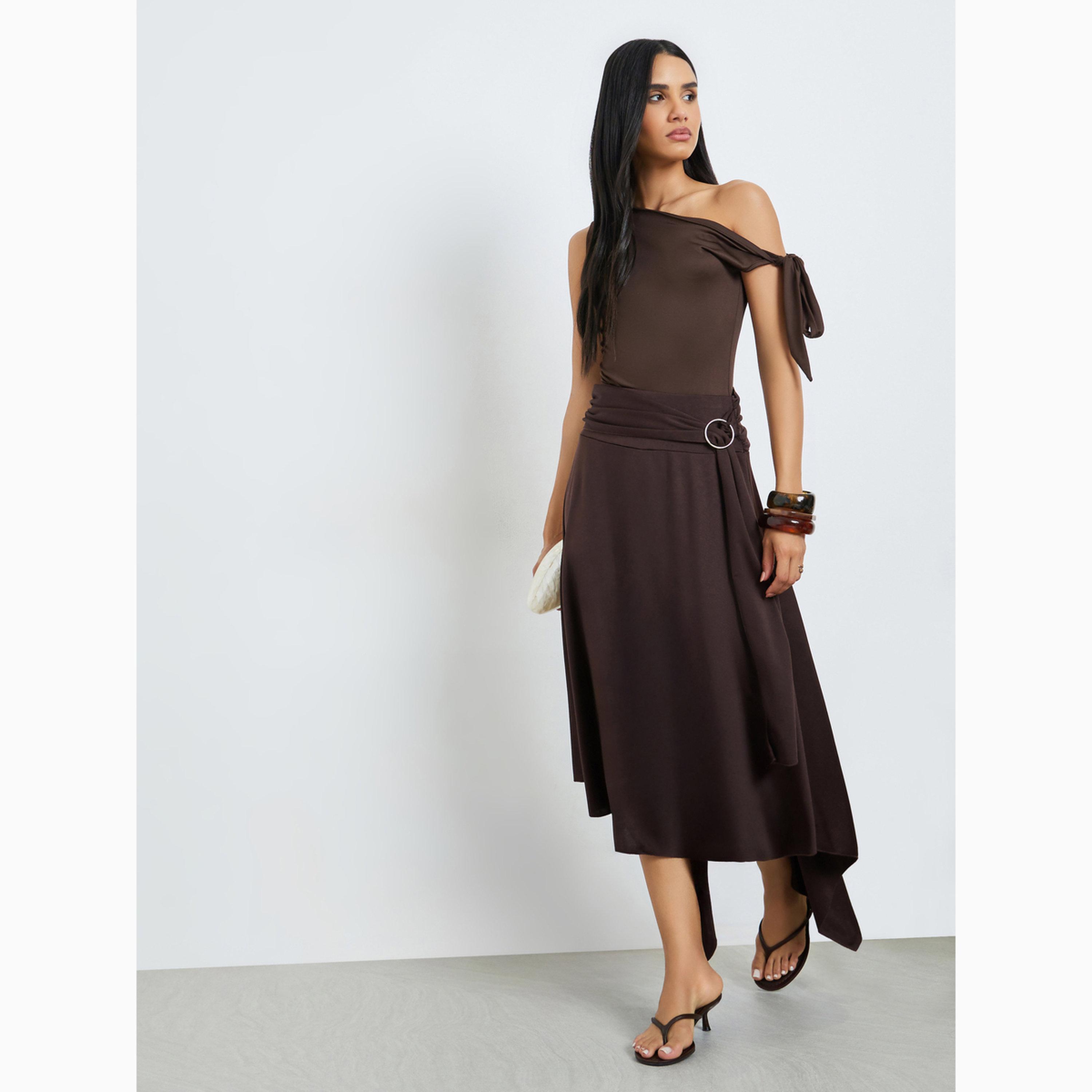 Styli Brown Asymmetric Midi Skirt with O-Ring Detail-women-clothing-bottoms-skirts-image-2
