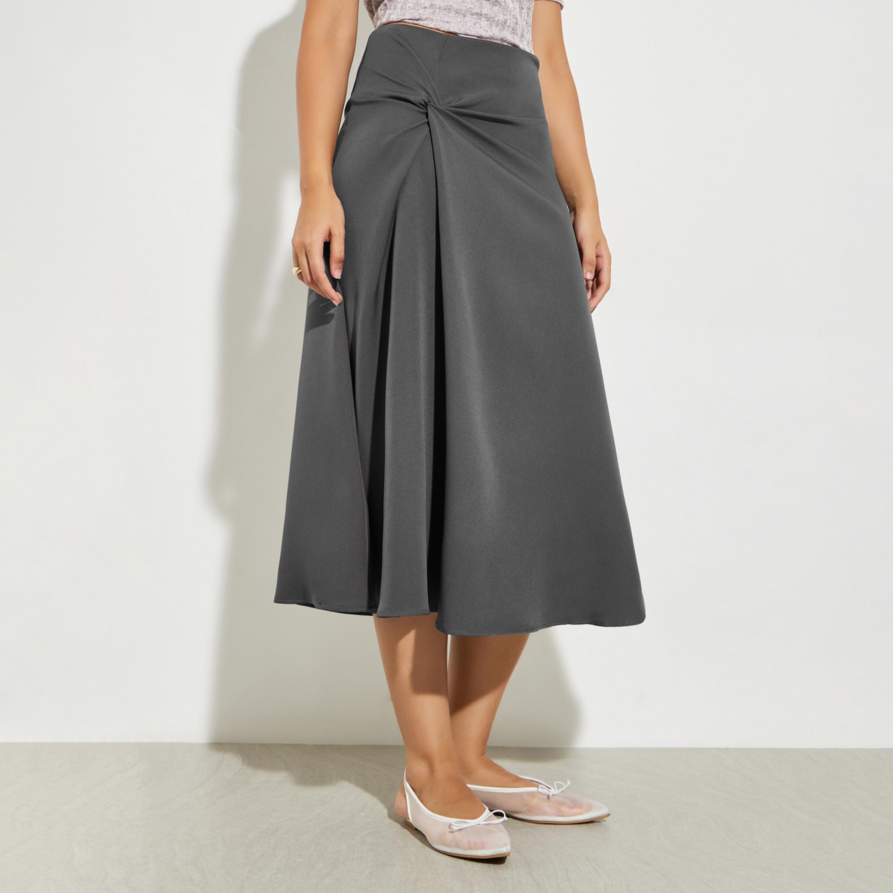 تنورة ميدي بمظهر تويل وتفاصيل عقدة فحمى-women-clothing-bottoms-skirts-image-1