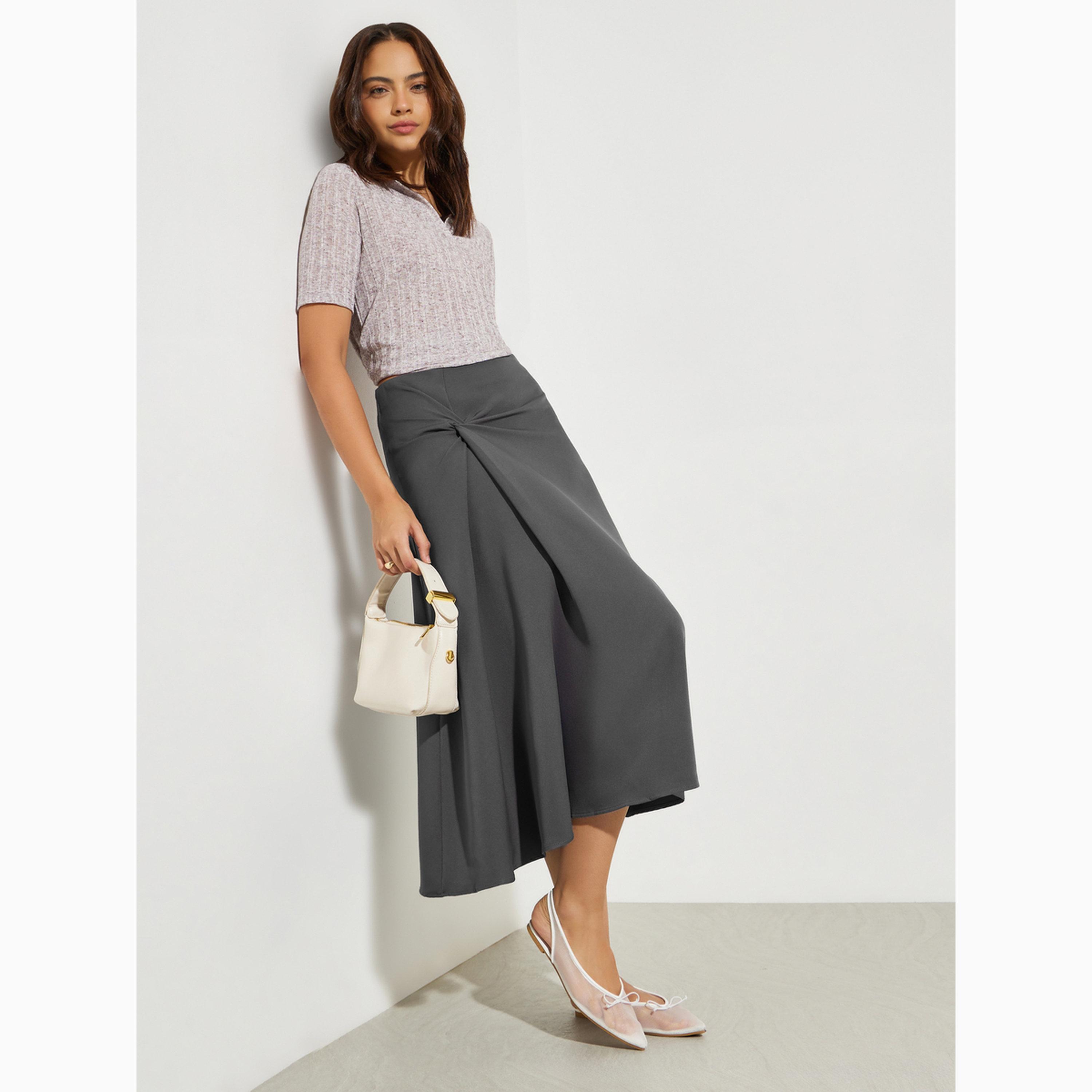 تنورة ميدي بمظهر تويل وتفاصيل عقدة فحمى-women-clothing-bottoms-skirts-image-2