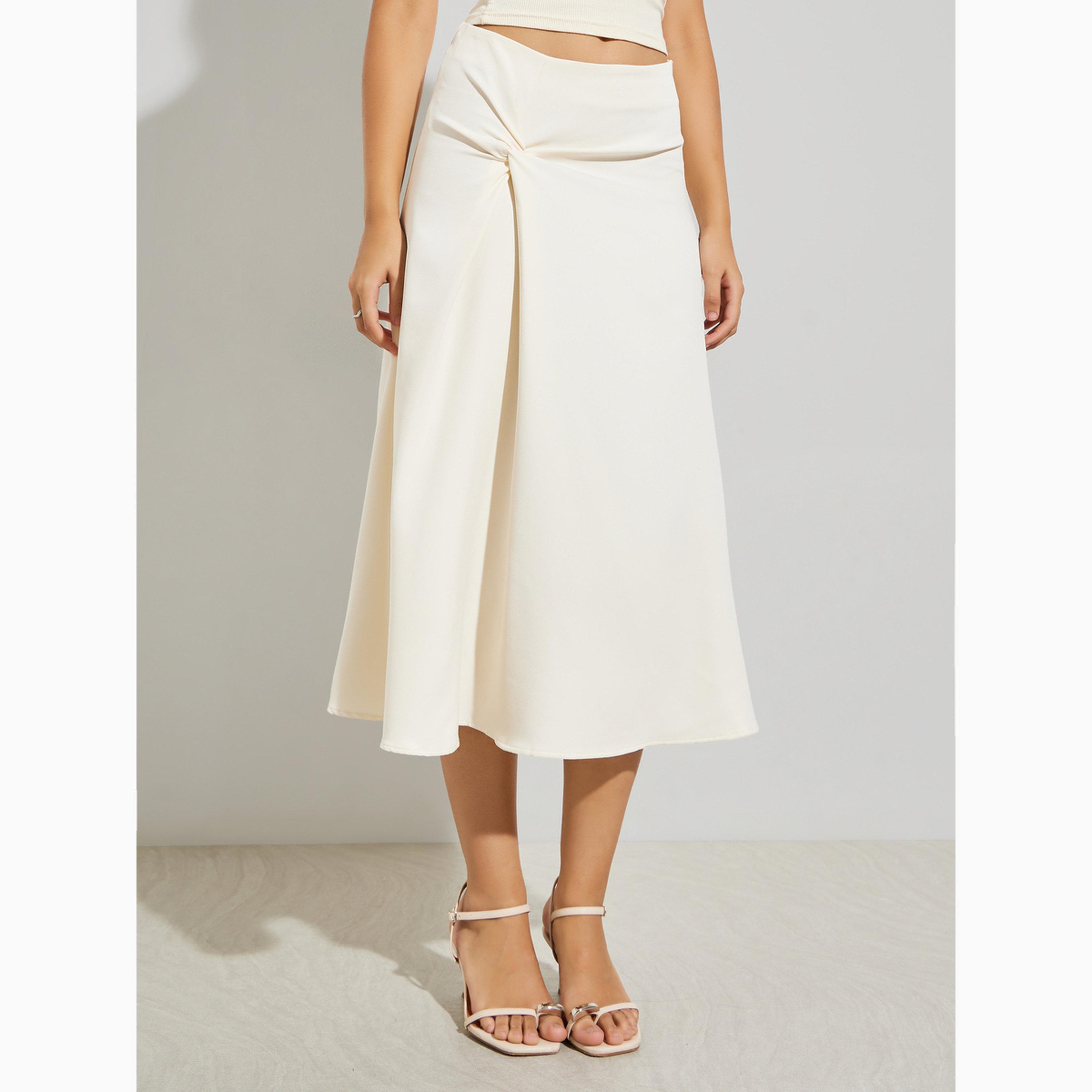 تنورة ميدي بمظهر تويل وتفاصيل عقدة كريمي-women-clothing-bottoms-skirts-image-1