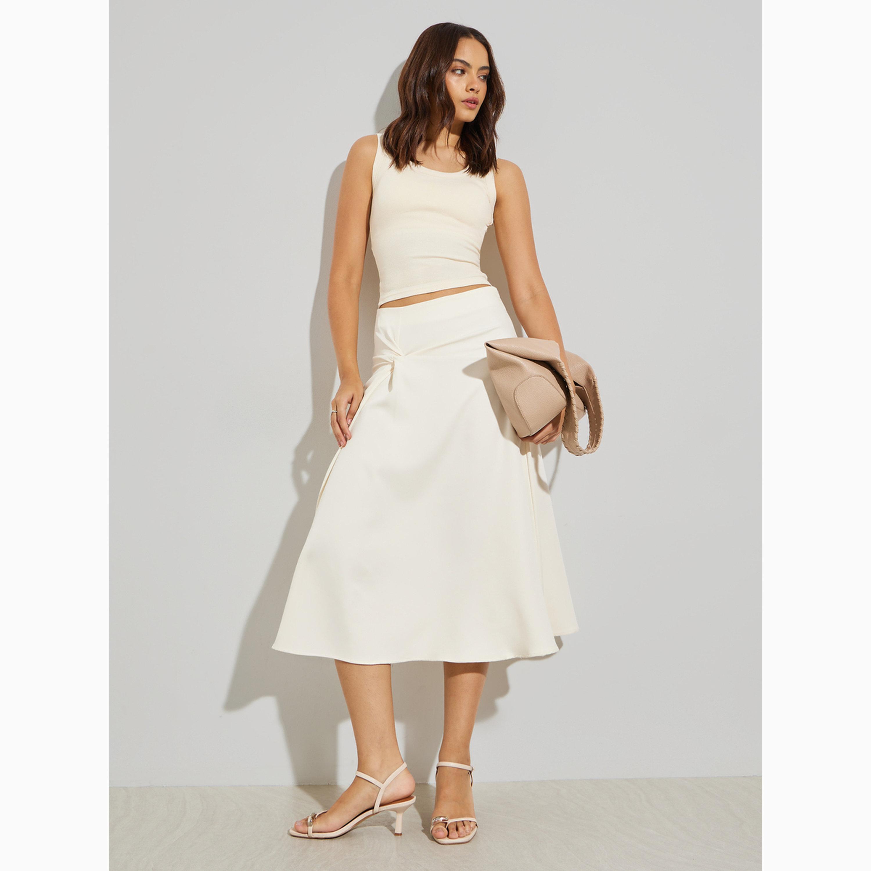 تنورة ميدي بمظهر تويل وتفاصيل عقدة كريمي-women-clothing-bottoms-skirts-image-2