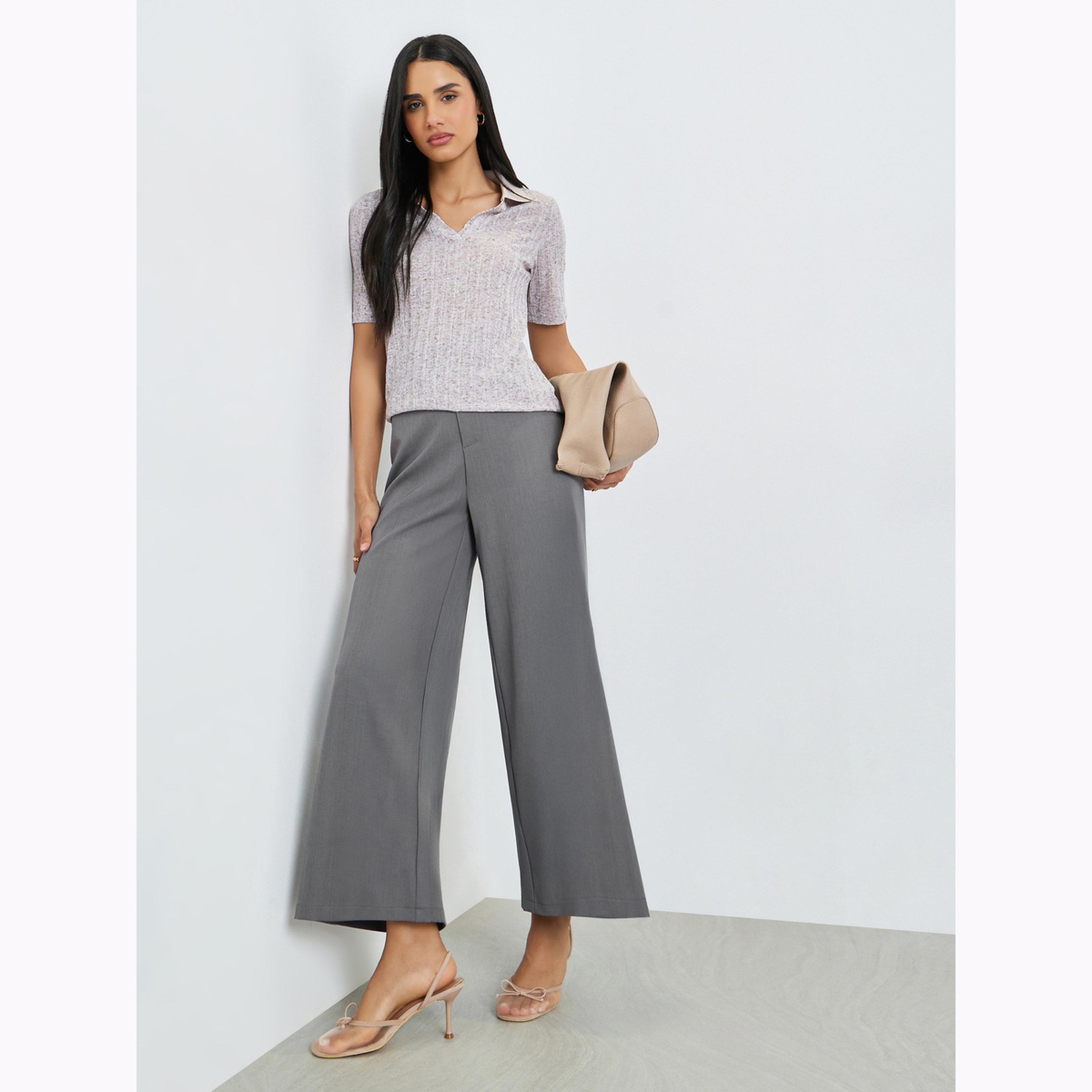 Styli Grey Wide Leg Pants with Extended Waistband-women-clothing-bottoms-trousers-image-2