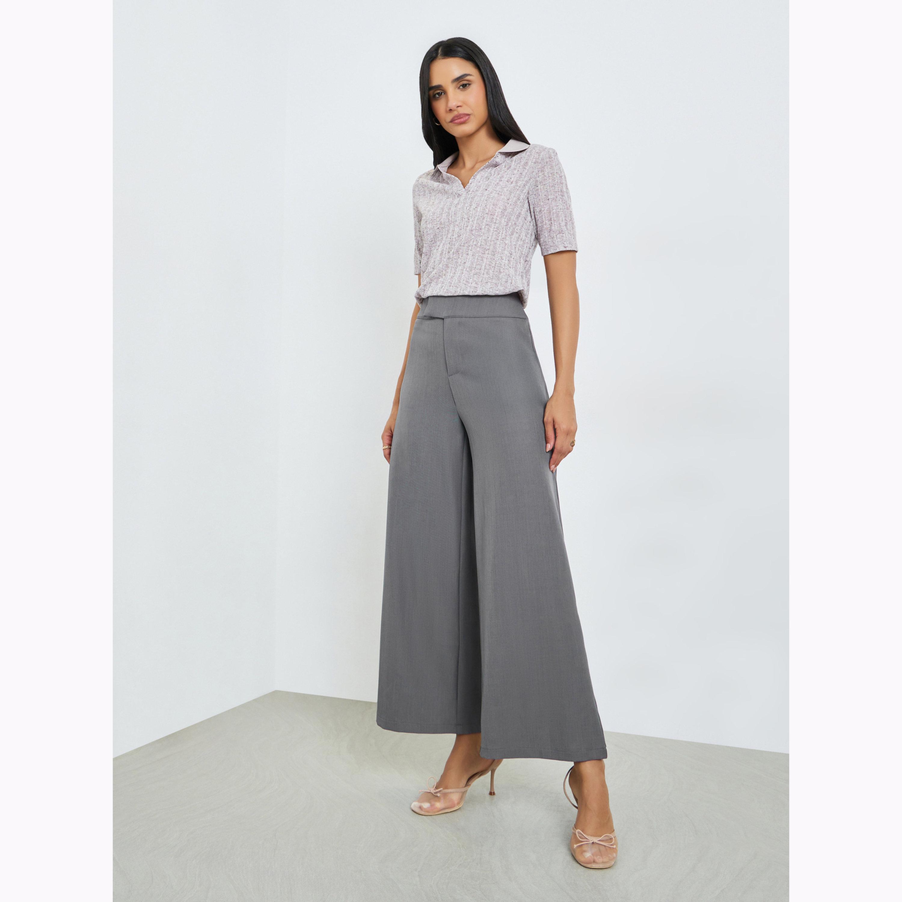 Styli Grey Wide Leg Pants with Extended Waistband-women-clothing-bottoms-trousers-image-3