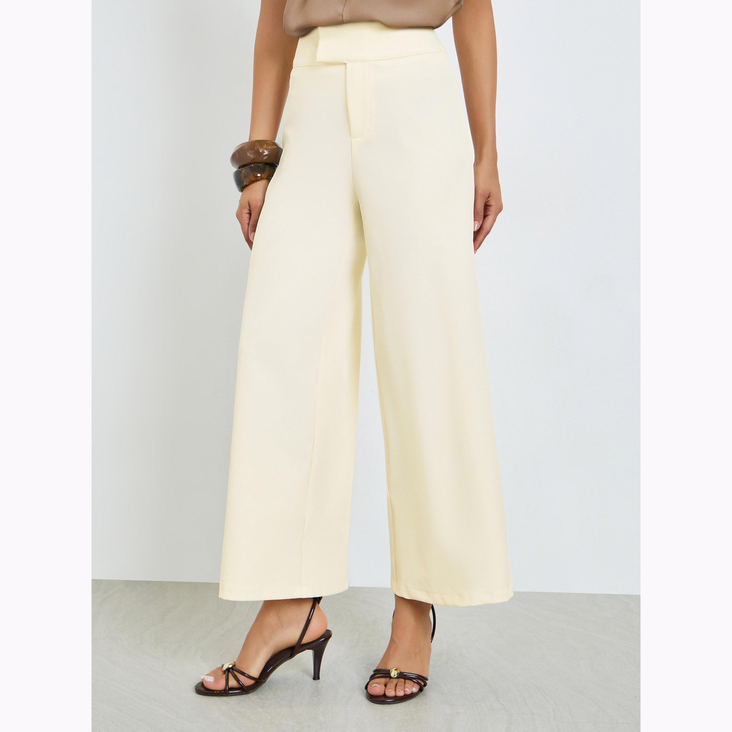 Styli Cream Wide Leg Pants with Extended Waistband-women-clothing-bottoms-trousers-image-1