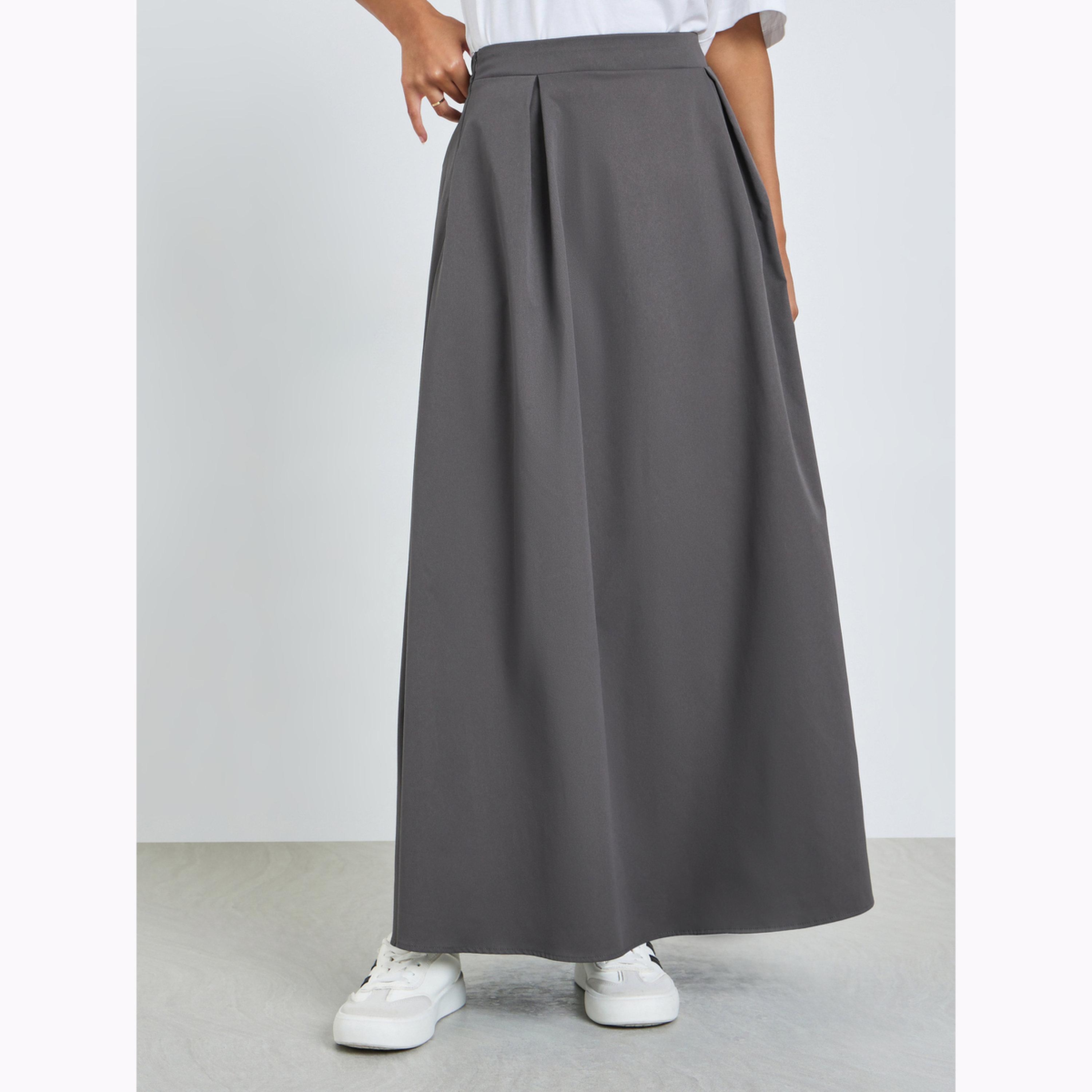 Styli Charcoal Pleated A-Line Maxi Skirt-women-clothing-bottoms-skirts-image-1