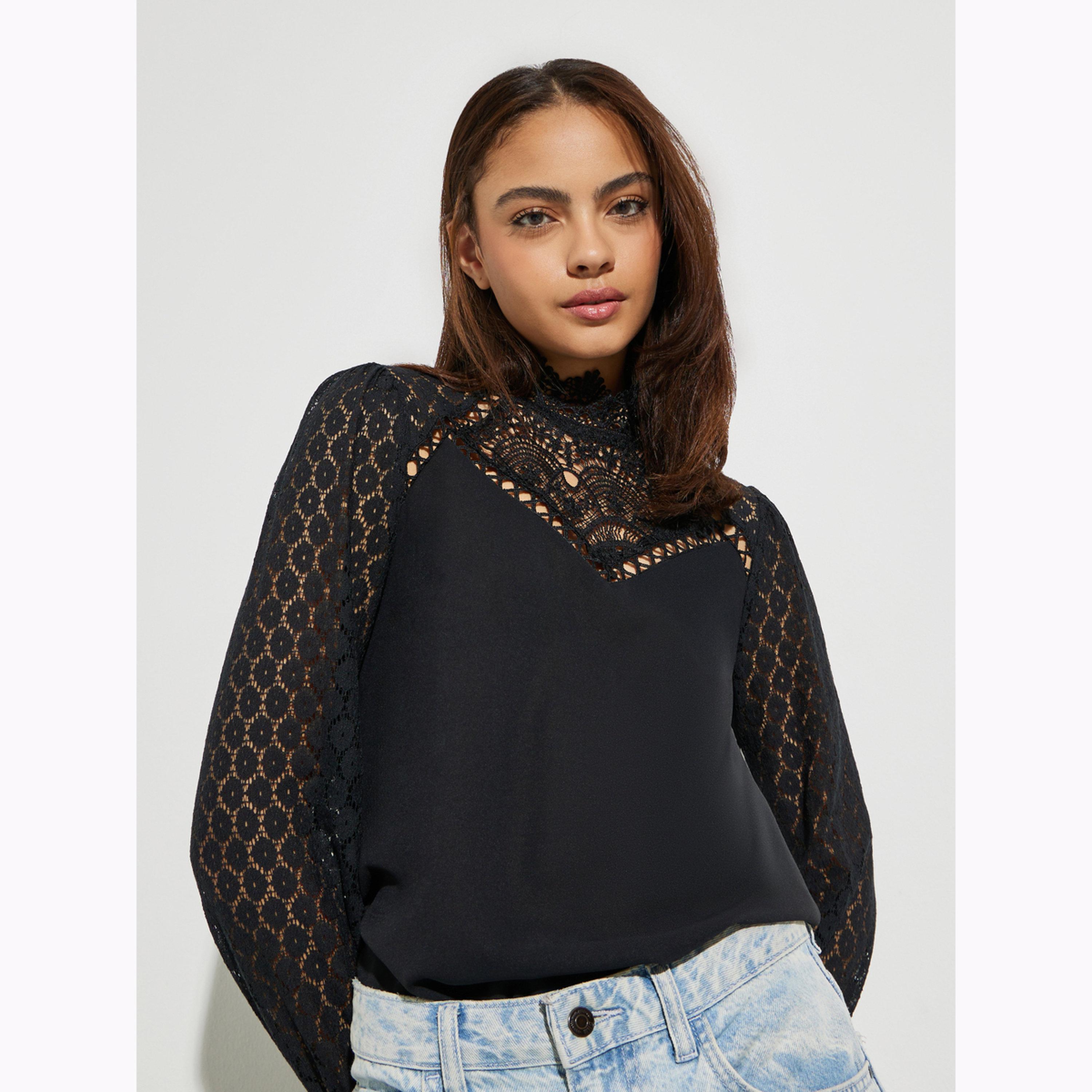 Styli Black Lace Detail High Neck Top-women-clothing-shirtsandblouses-blouses-image-3