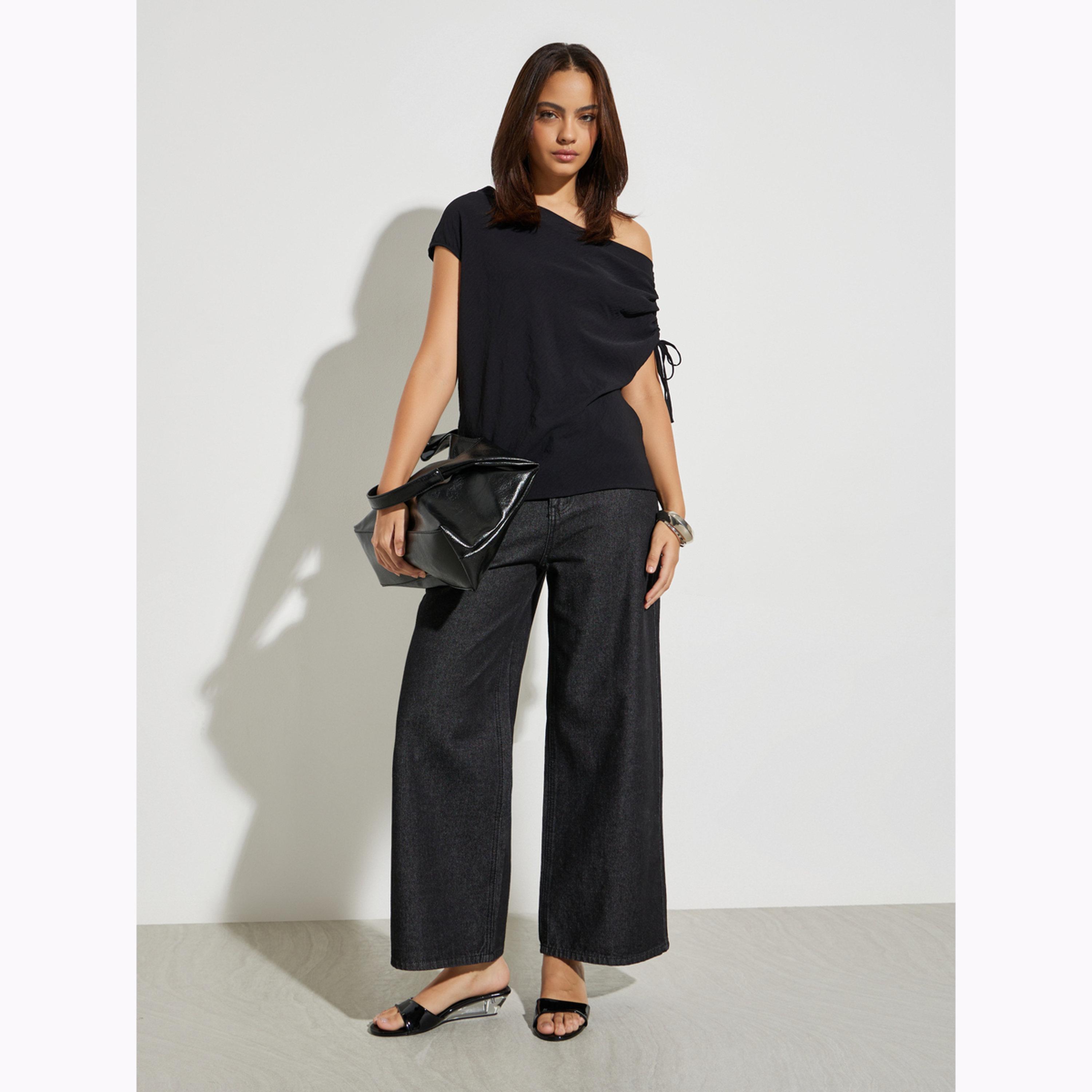 Styli Black Solid Ruched Asymmetric Neck Top-women-clothing-shirtsandblouses-blouses-image-2