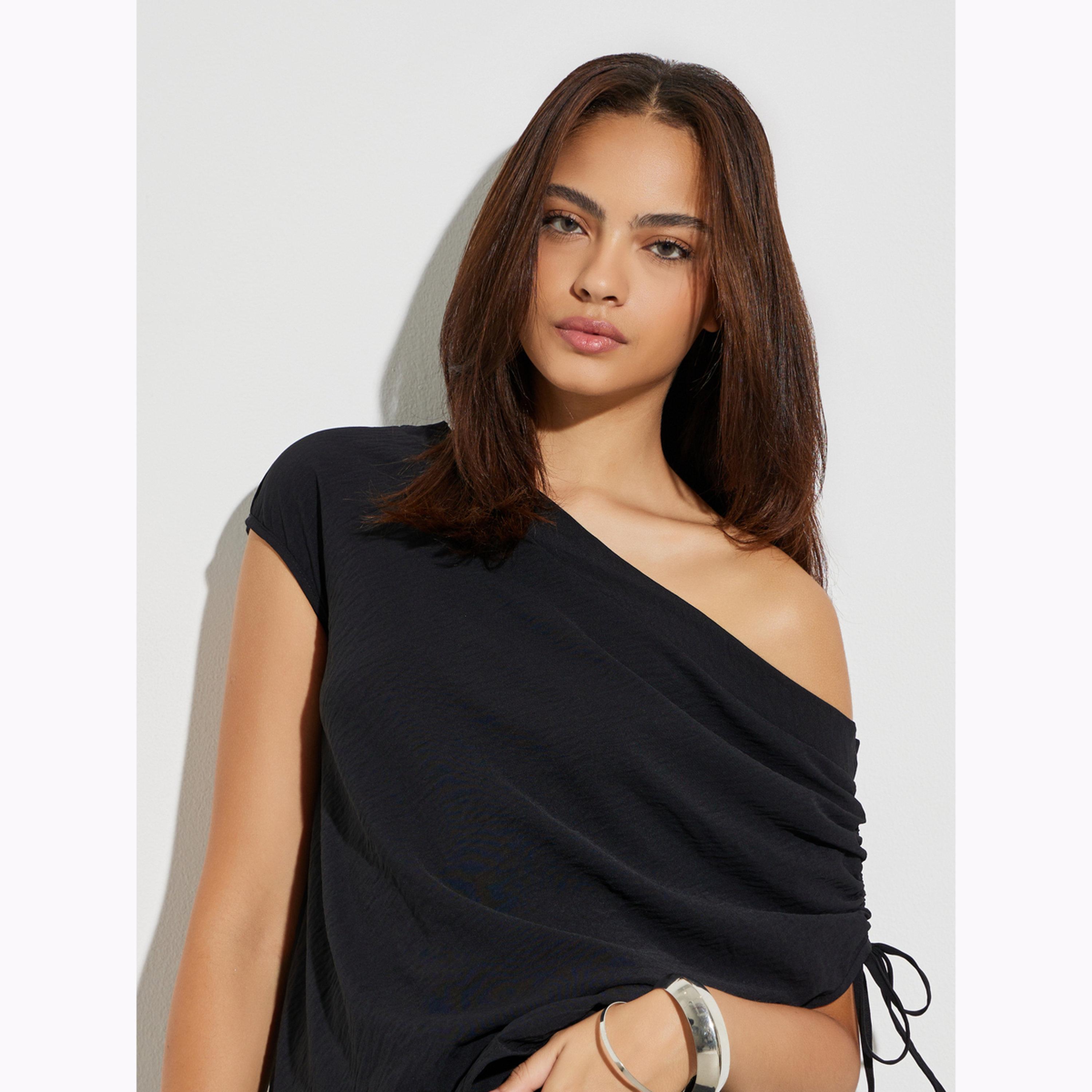 Styli Black Solid Ruched Asymmetric Neck Top-women-clothing-shirtsandblouses-blouses-image-3