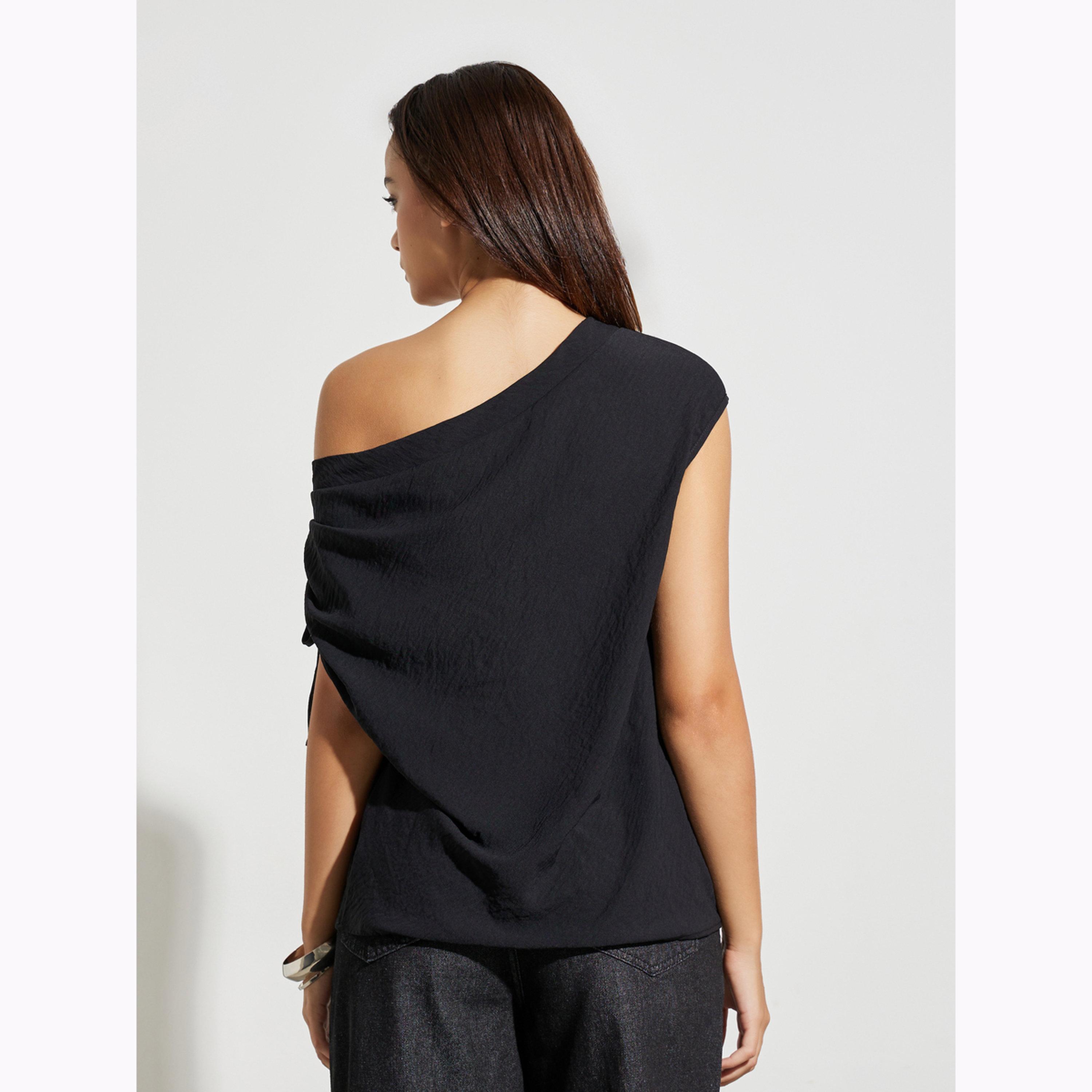 Styli Black Solid Ruched Asymmetric Neck Top-women-clothing-shirtsandblouses-blouses-image-4