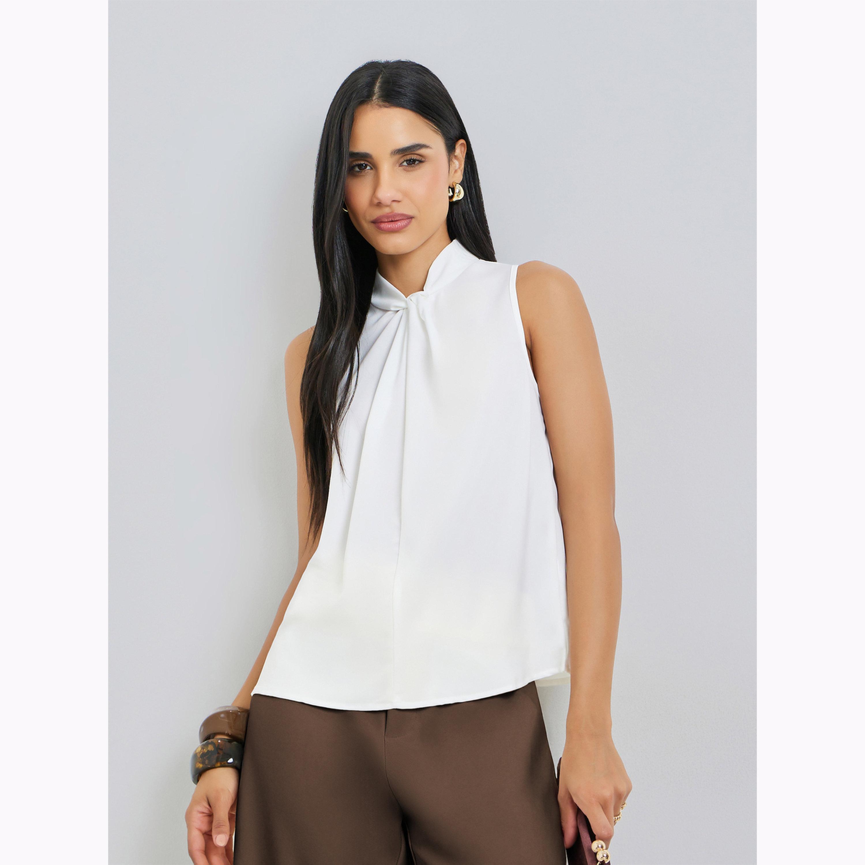 Styli White Knot Detail High Neck Sleeveless Blouse-women-clothing-shirtsandblouses-blouses-image-1