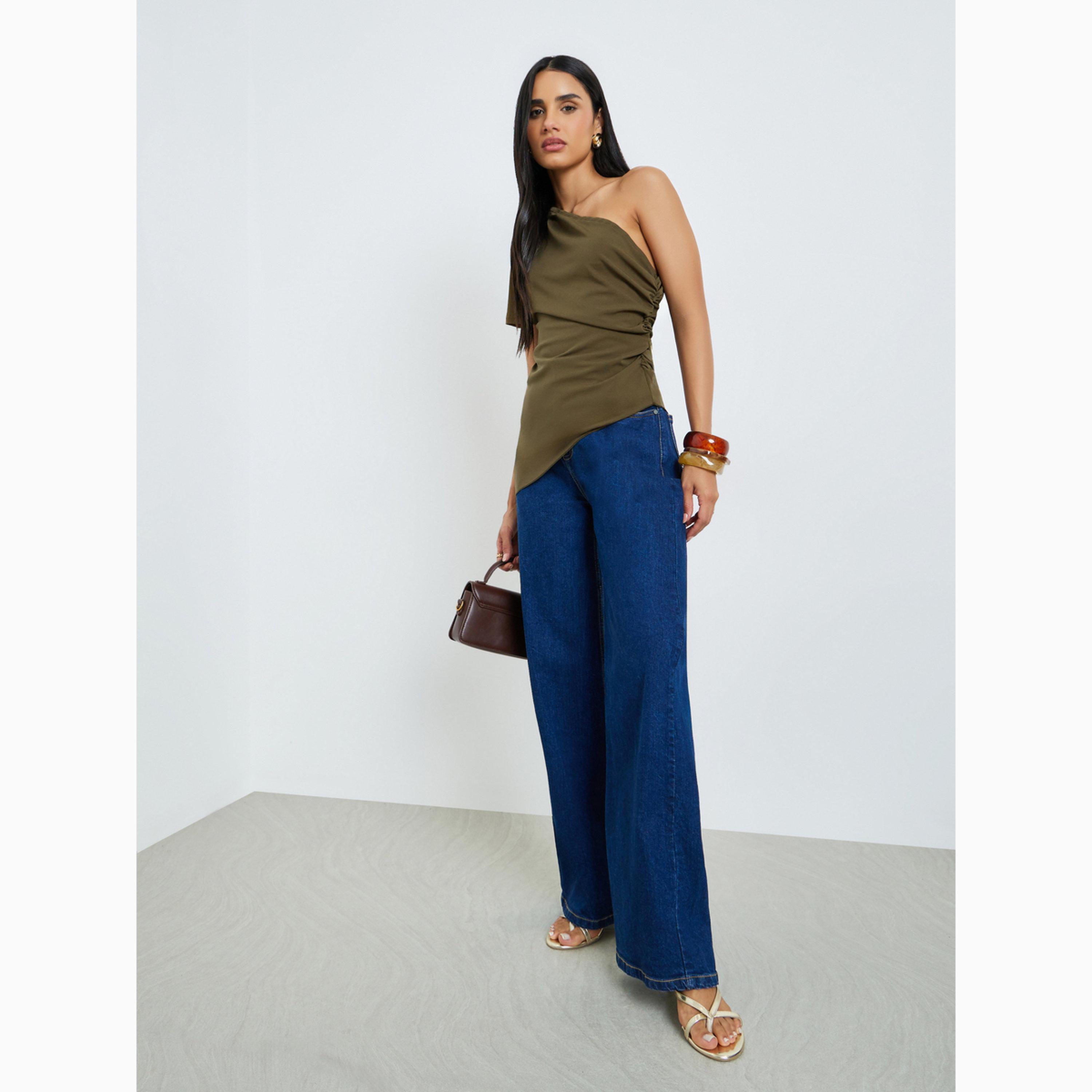 Styli Olive Ruched One Shoulder Top with Asymmetrical Hem-women-clothing-shirtsandblouses-blouses-image-2