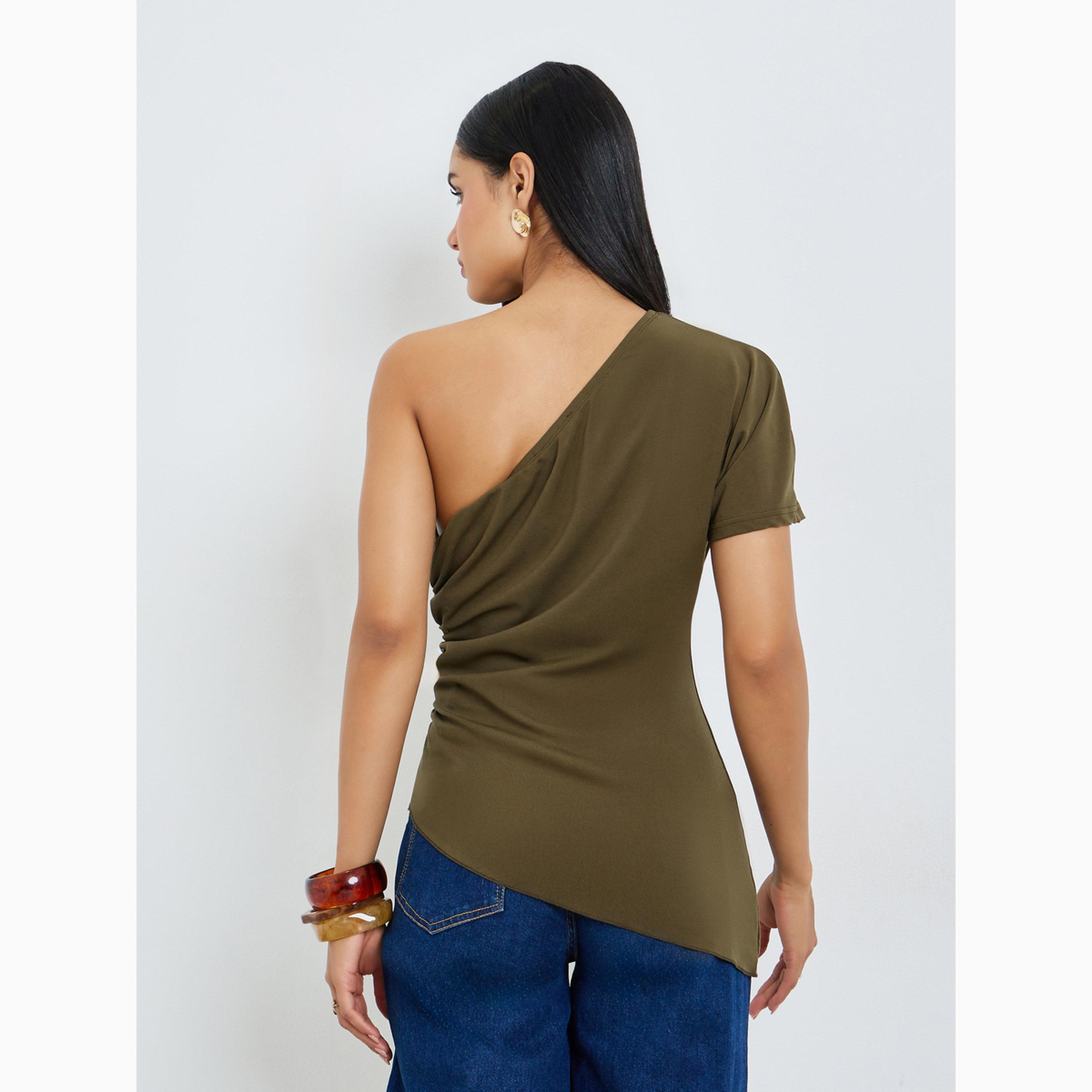 Styli Olive Ruched One Shoulder Top with Asymmetrical Hem-women-clothing-shirtsandblouses-blouses-image-5