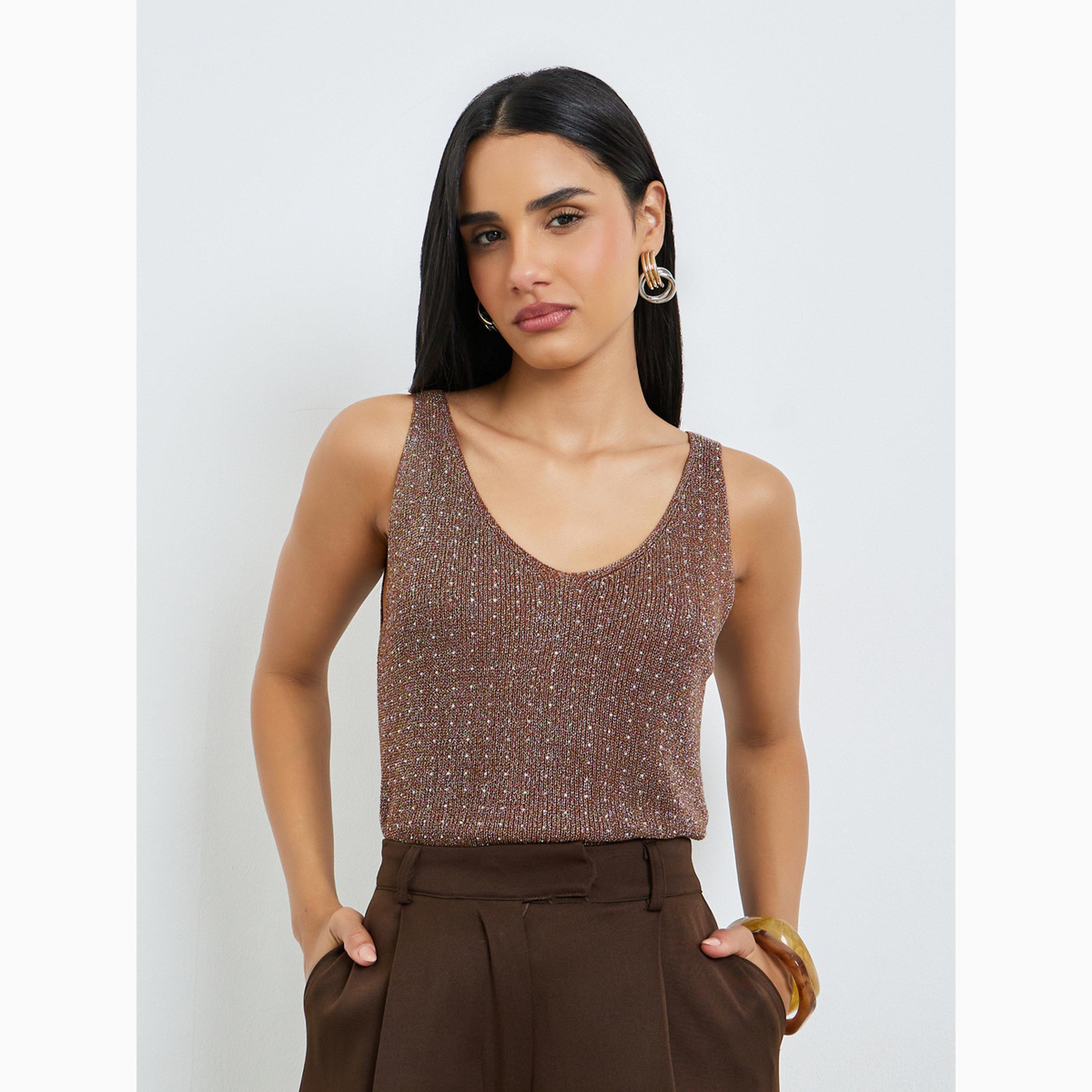 Styli Brown Embellished Knitted V Neck Sleeveless Top-women-clothing-shirtsandblouses-blouses-image-3