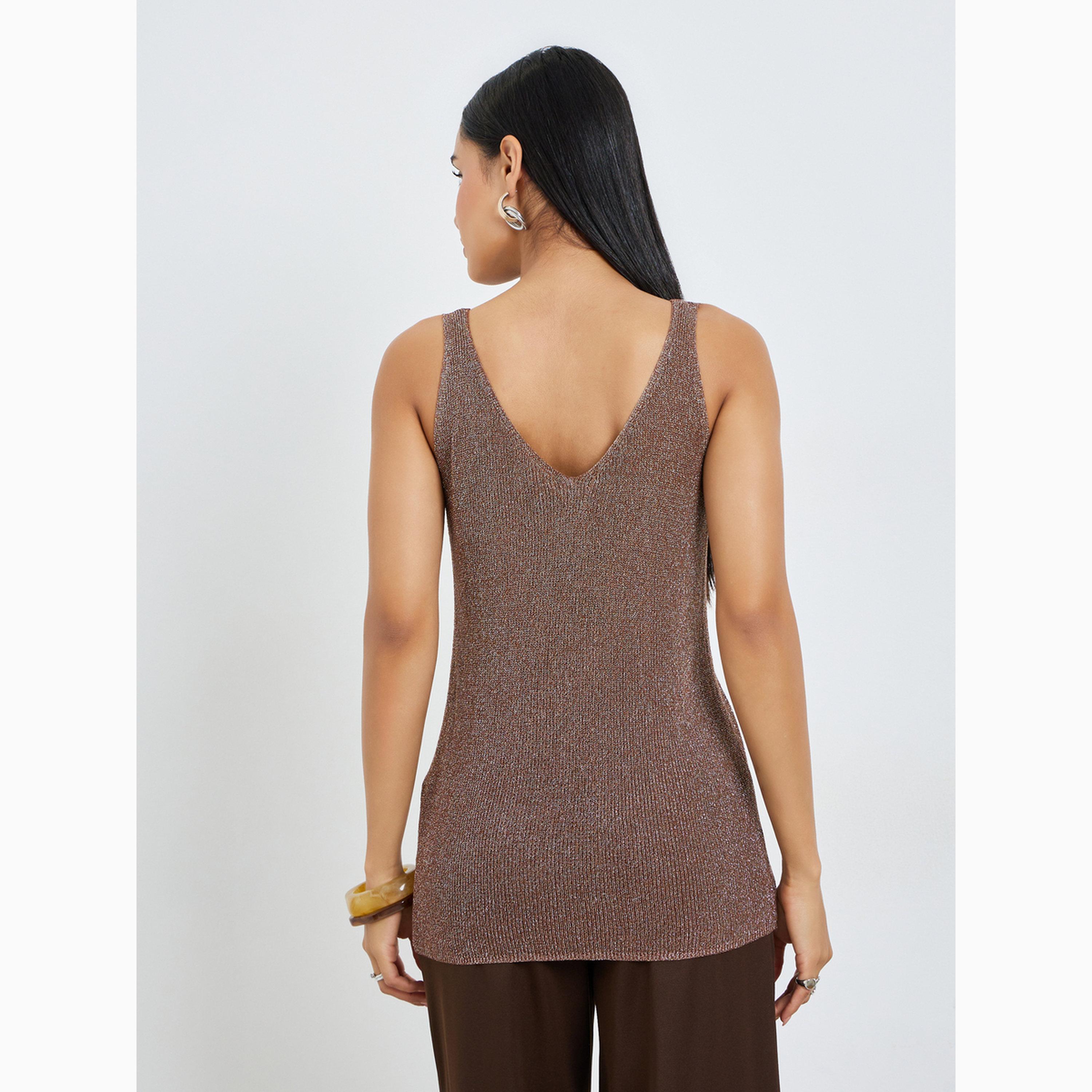 Styli Brown Embellished Knitted V Neck Sleeveless Top-women-clothing-shirtsandblouses-blouses-image-6